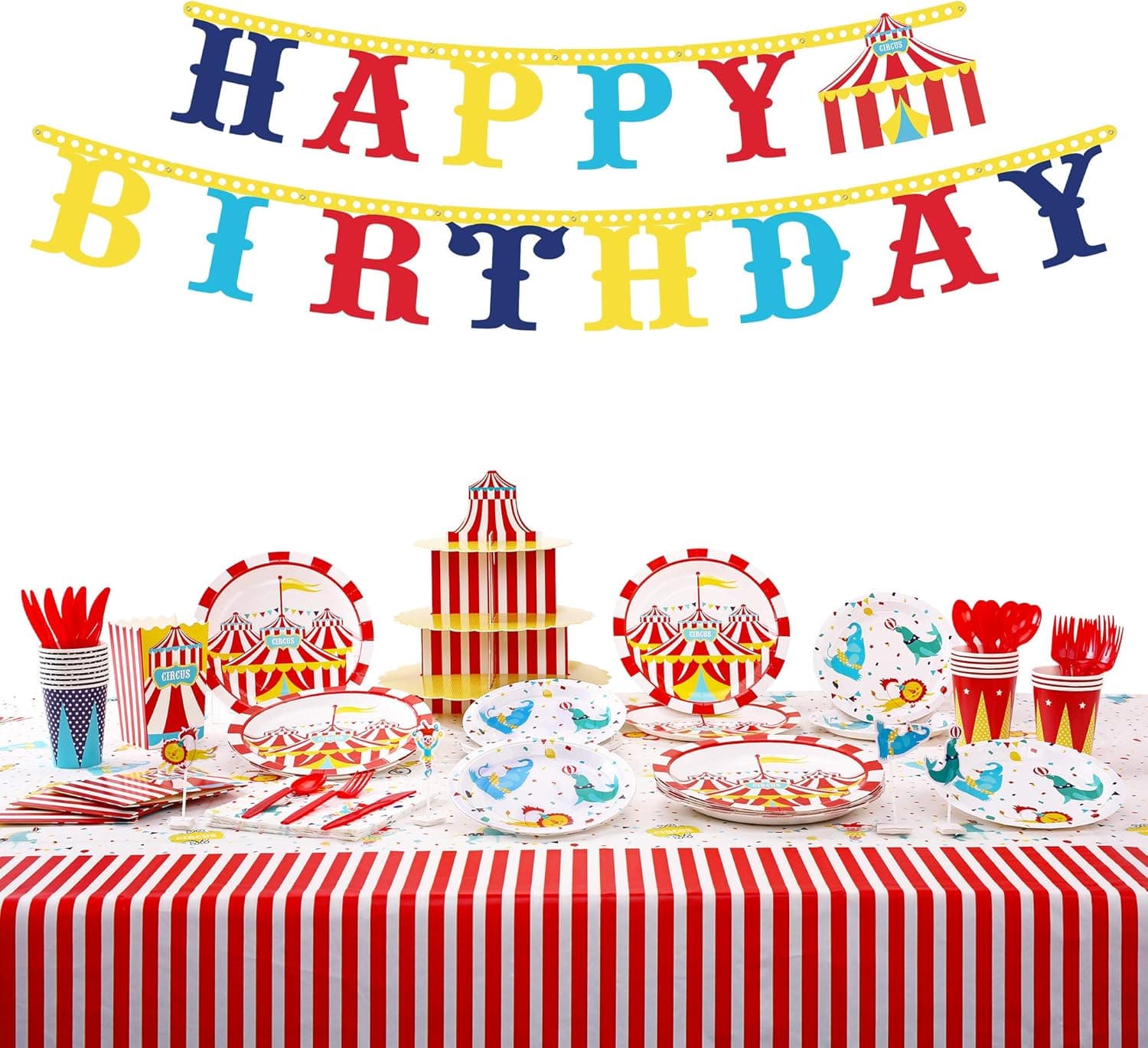 Carnival Party Supplies Serves 16, Carnival Party Decorations Includes Circus Plates and Napkins, Cupcake Stand, Popcorn Boxes, Tablecloth, Banner, Total 143PCS