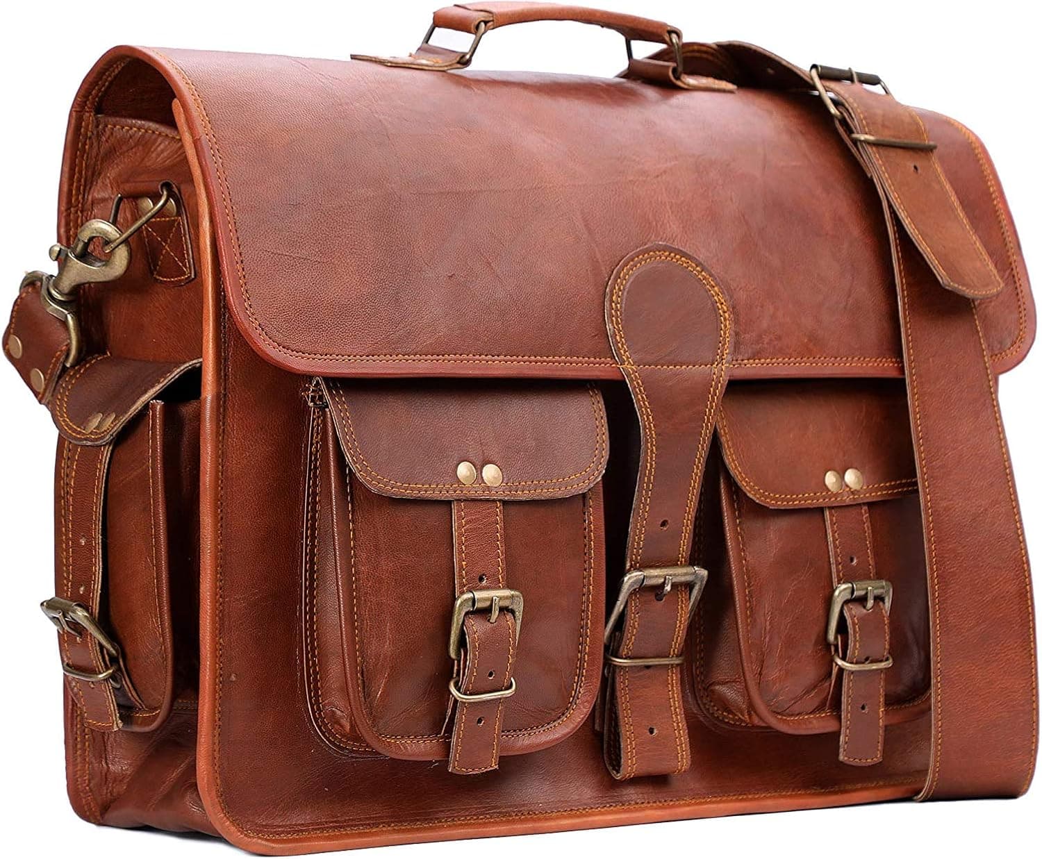 Prastara 18 inch Genuine Leather Briefcase Bag - Cross-body Laptop Satchel Dark Brown
