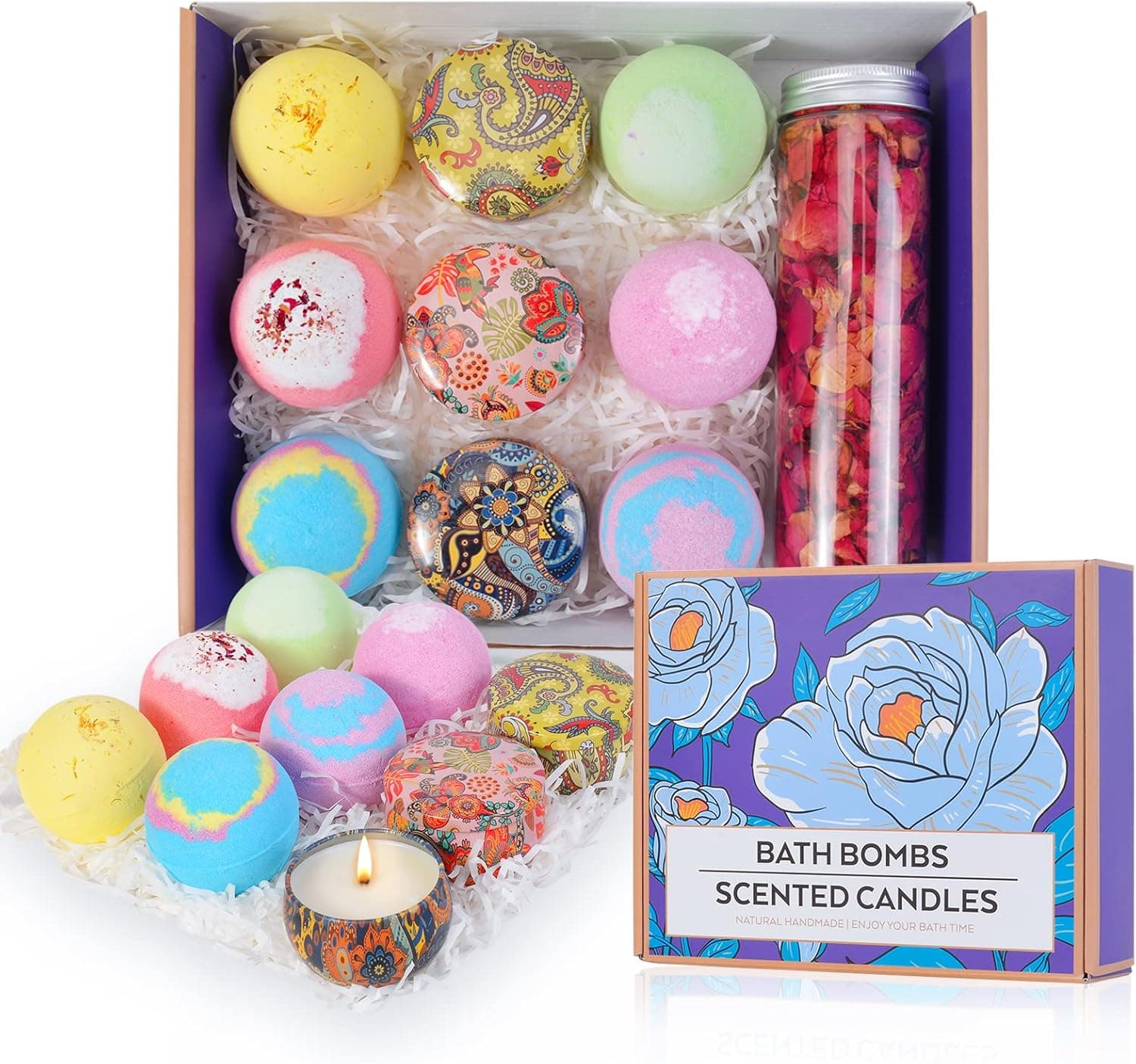 Bath Bombs Gift Set - Set of 6 Bath Bombs, 3 Scented Candles & Dried Rose Petals, Bubble Fizzies Spa Bath Kit, Shea and Cocoa Dry Skin Moisturize, Birthday Valentines Christmas Gifts for Women,Mom,Her