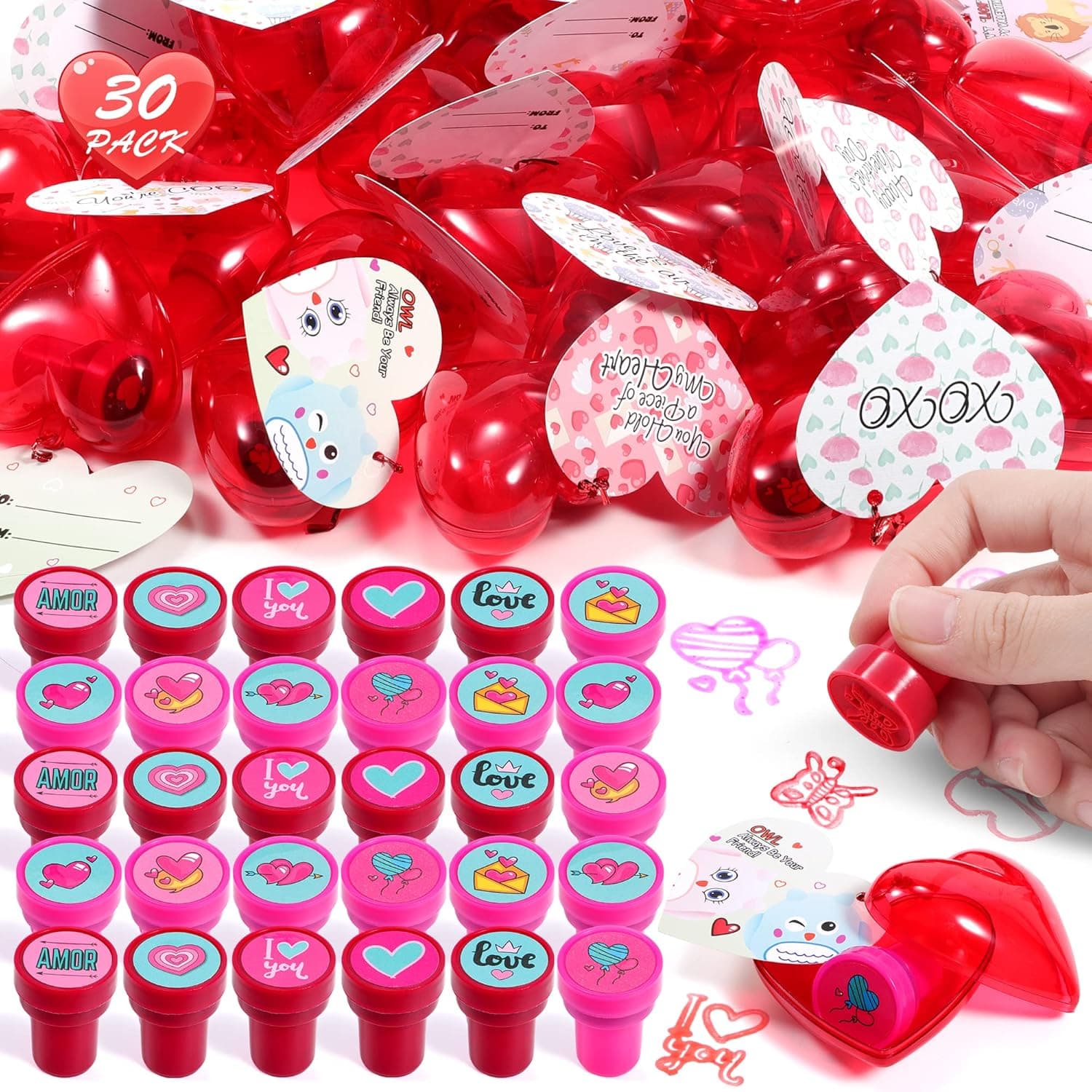 FiGoal 30 Pack Valentines Day Stampers Set Filled Hearts with Valentine’s Day Cards for Classroom Exchange, Game Prizes and Carnivals Gift, Kids Stampers Party Favors