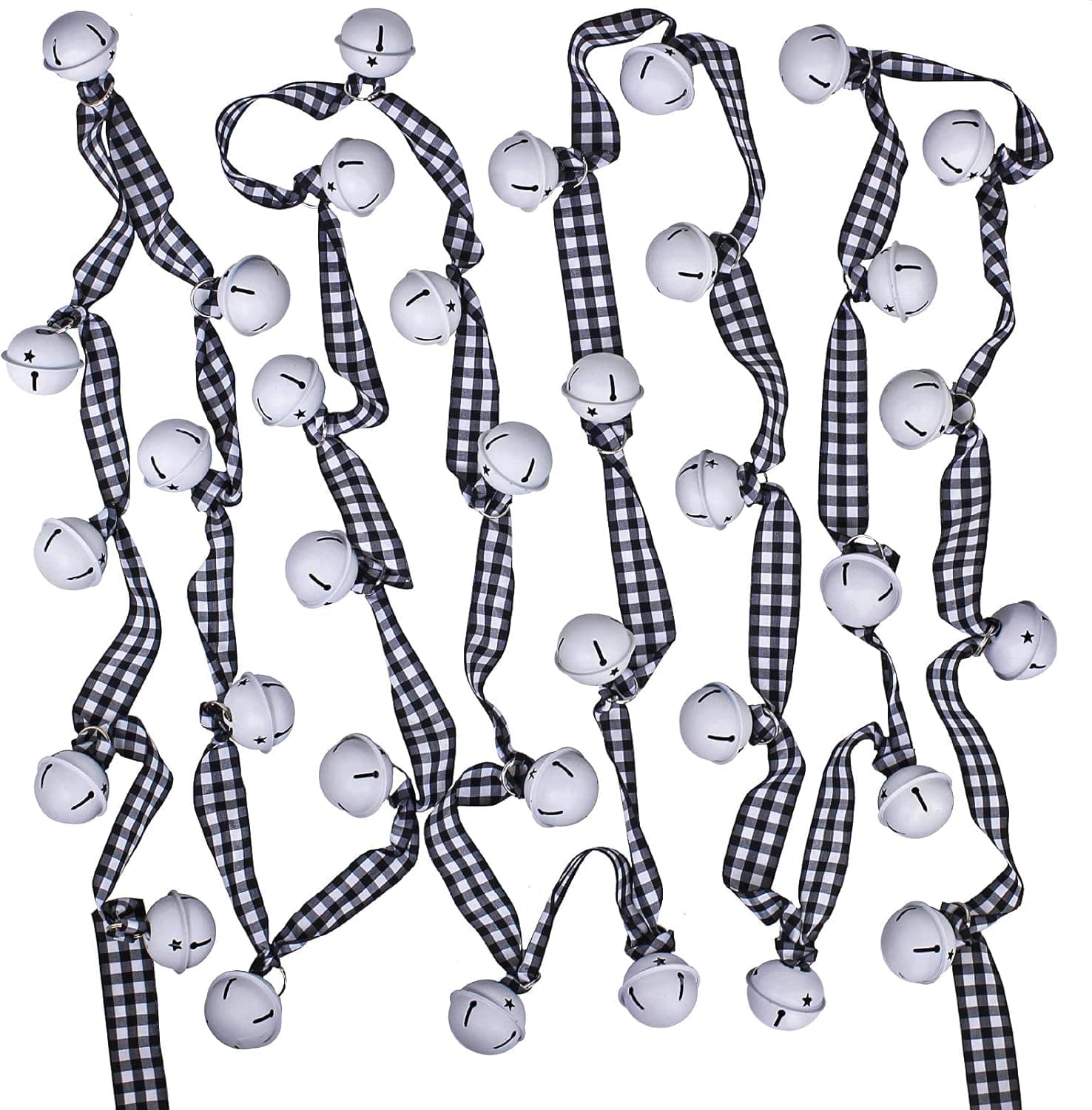 6 Yards Rustic Christmas White Sleigh Bell Garland Primitive Metal White Jingle Bells and Gingham Ribbon Hanging Garland for Vintage Farmhouse Christmas Tree Banister Mantel Winter Holiday Decoration