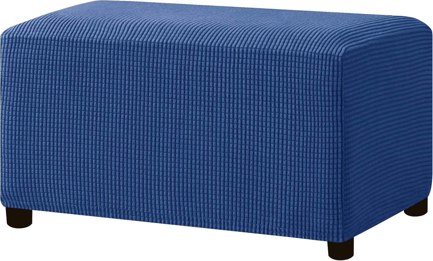 Hokway Stretch Ottoman Cover Storage Stool Slipcover Oversize Jacquard Rectangle Footstool Cover with Elastic Bottom (French Blue)