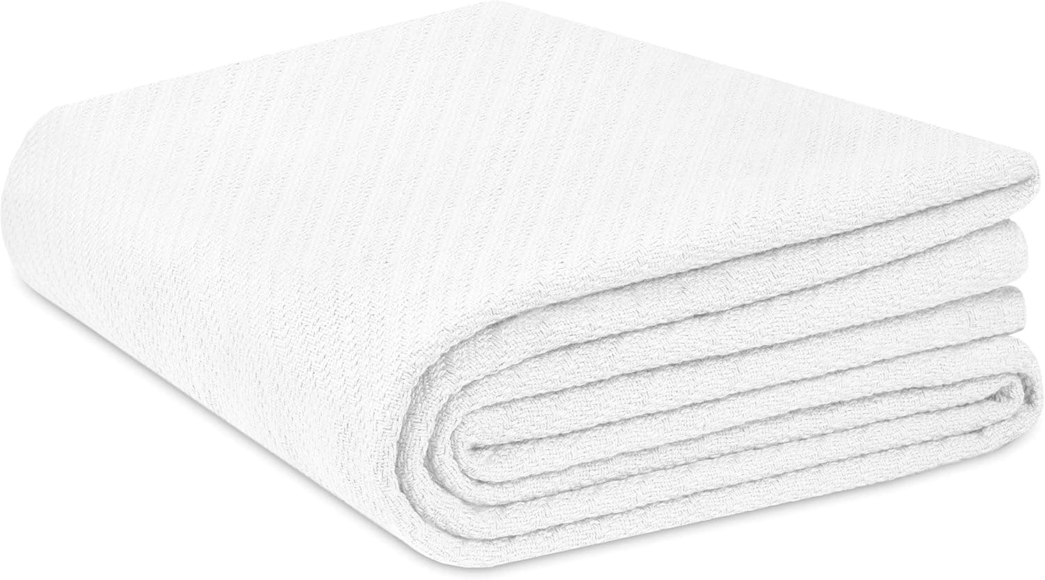 COTTON CRAFT Soft Cotton Thermal Blanket - Plush Herringbone Twill - All Season Luxurious Breathable Skin Friendly Lightweight Cooling Throw Blanket - Sofa Couch Travel Camping Dorm - Twin White
