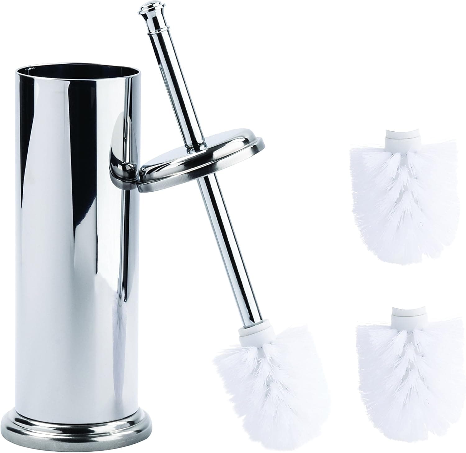Elegant Toilet Brush and Canister by MAYA | Now with A Metal Handle and 2 Replacement Heads, Compact Design for Small Spaces, Tapered Head, Rust Resistant (Chrome)