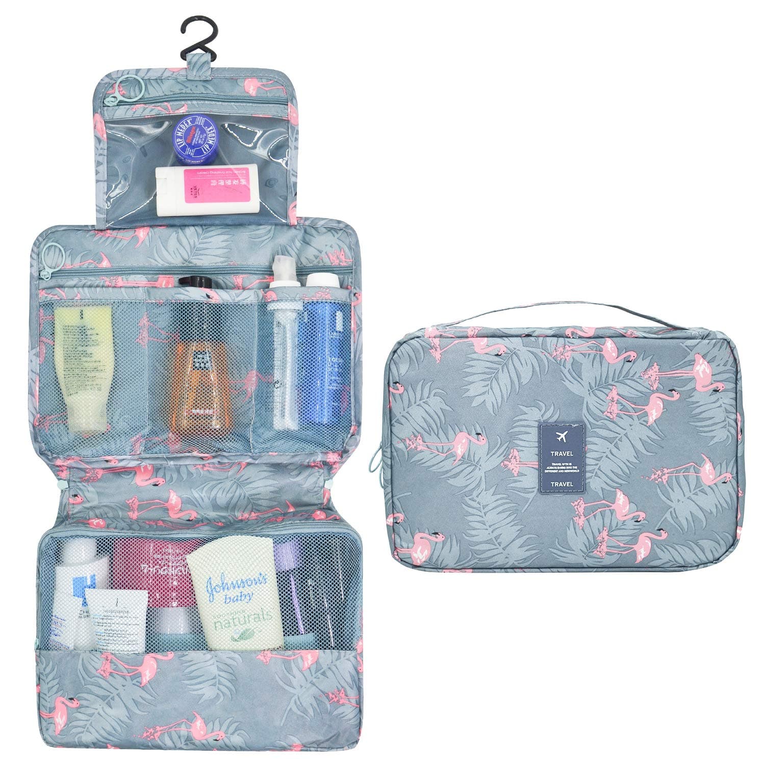 Toiletry Bag for Women Small Makeup Bag with Sturdy Hook Water-resistant Cosmetic Organziers for Accessories Skincare Clear Bag Blueflamingo