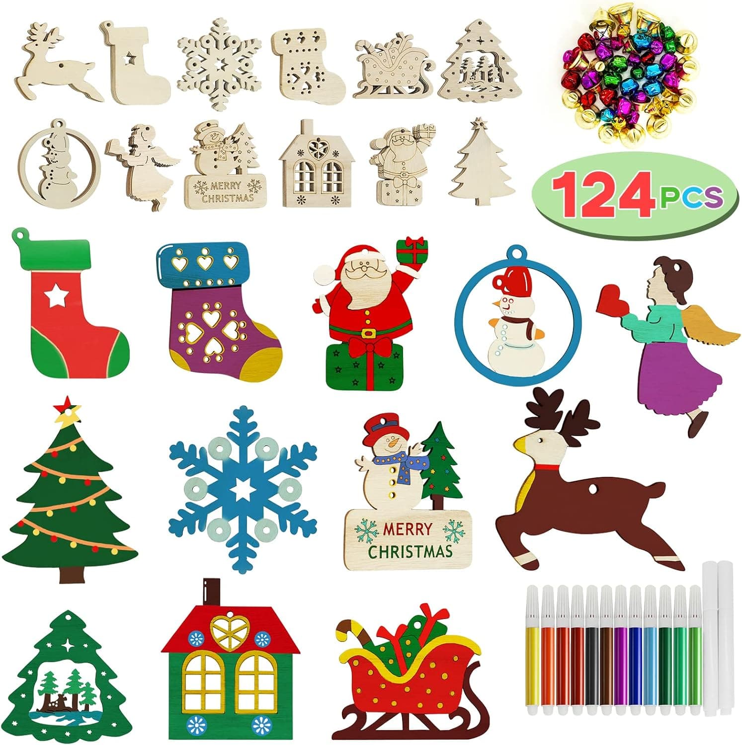 GIFTARC Valentine‘s Day Gifts for Kids Class - 124 PCS DIY Valentines Decorations, 60 Unfinished Wooden Crafts, 50 Colored Bells, 14 Colored Pens, DIY Valentines Crafts for Kids and Adults