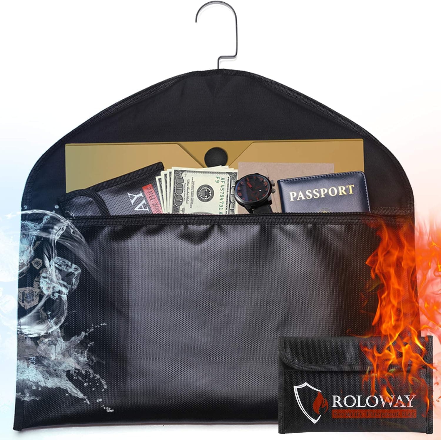 ROLOWAY Hanger Diversion Fireproof Safe with Small Fireproof Bag - Hidden Safe Compartment for Home & Travel - Secret Safe for Money Stash, Cash Hiding - Water Resistant Pocket Safe Under Clothes