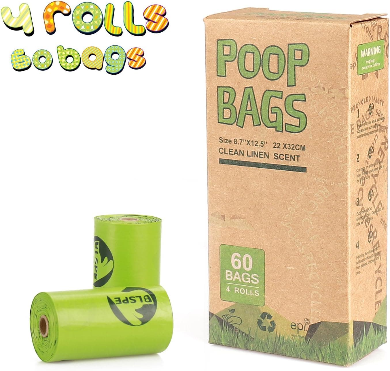 Poop Bags, 4 Rolls/60 Counts Dog Waste Bags Eco-Friendly Pet Poop Bags UnScented 14um Extra Thick Leak-Proof Poop Bags for Pets 12.5 x 8.7 in