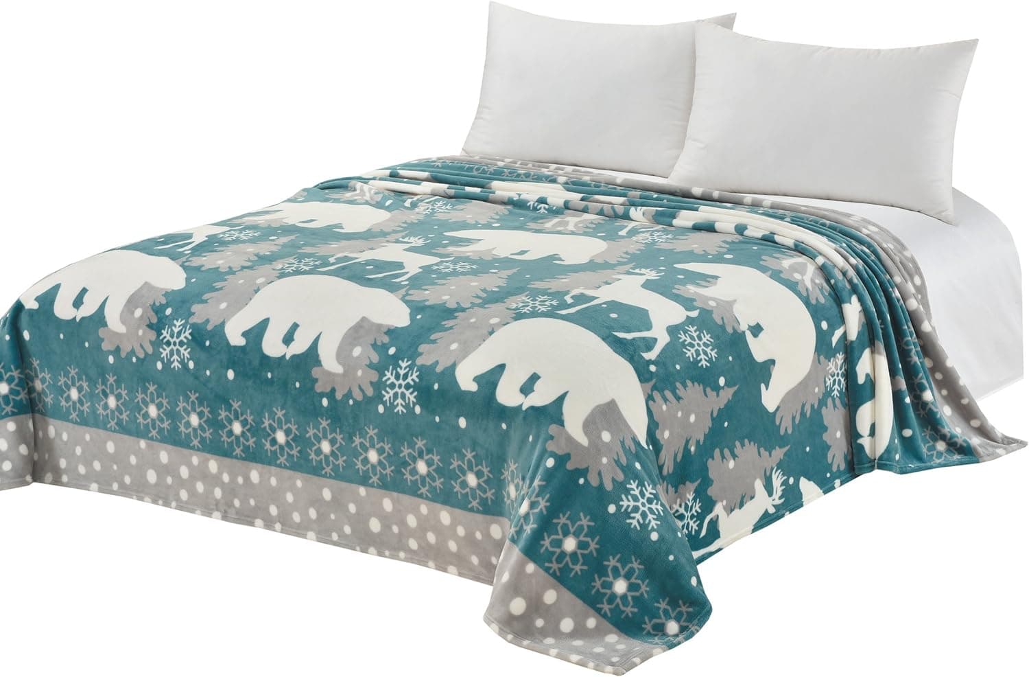 CaliTime Super Soft Throw Blanket for Bed Sofa Couch, Cozy Warm Flannel Fleece White Polar Bear Christmas Reindeer, Teal Grey, Queen