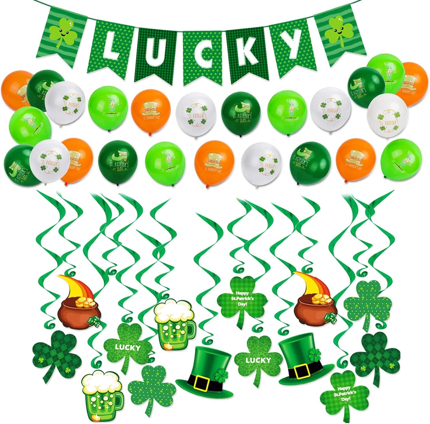 STUINMOLL St. Patrick's Day Party Decorations Set, St. Patty's Day Party Supplies Include 1 Pack ‘LUCKY’ Banner, 14 PCS Irish Shamrock Hanging Swirl Decorations and 24 PCS St. Patrick's Day Balloons