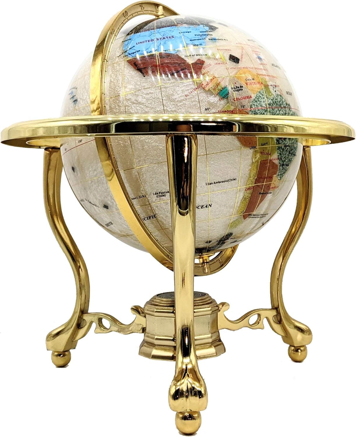 Unique Art Since 1996 14" Mother of Pearl Gemstone Globe with Gold Stand