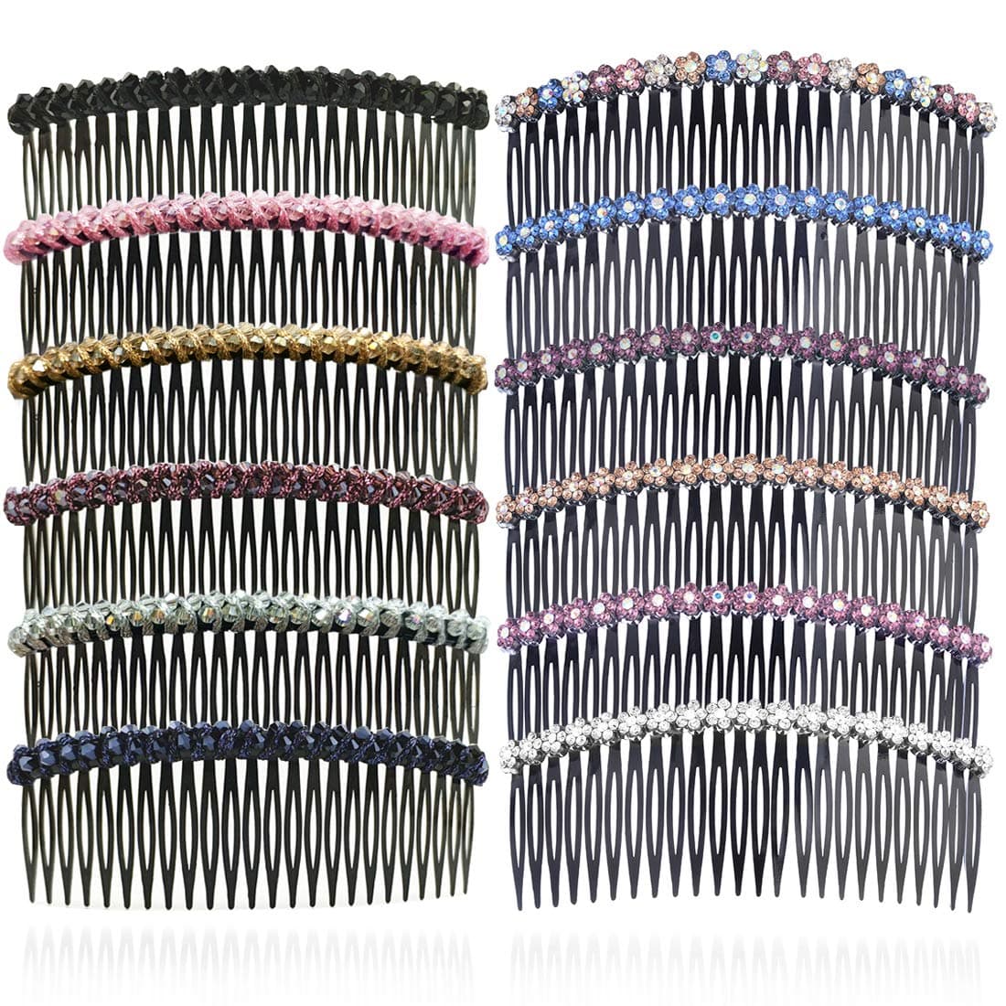 ECANGO 12PCS 24 Teeth Crystal Hair Side Comb Plastic Hair Clips Pins with Double Rows Rhinestones for Women Girls Hair Accessories, 5.11 Inch Length (2 Pattern 6 Colors)