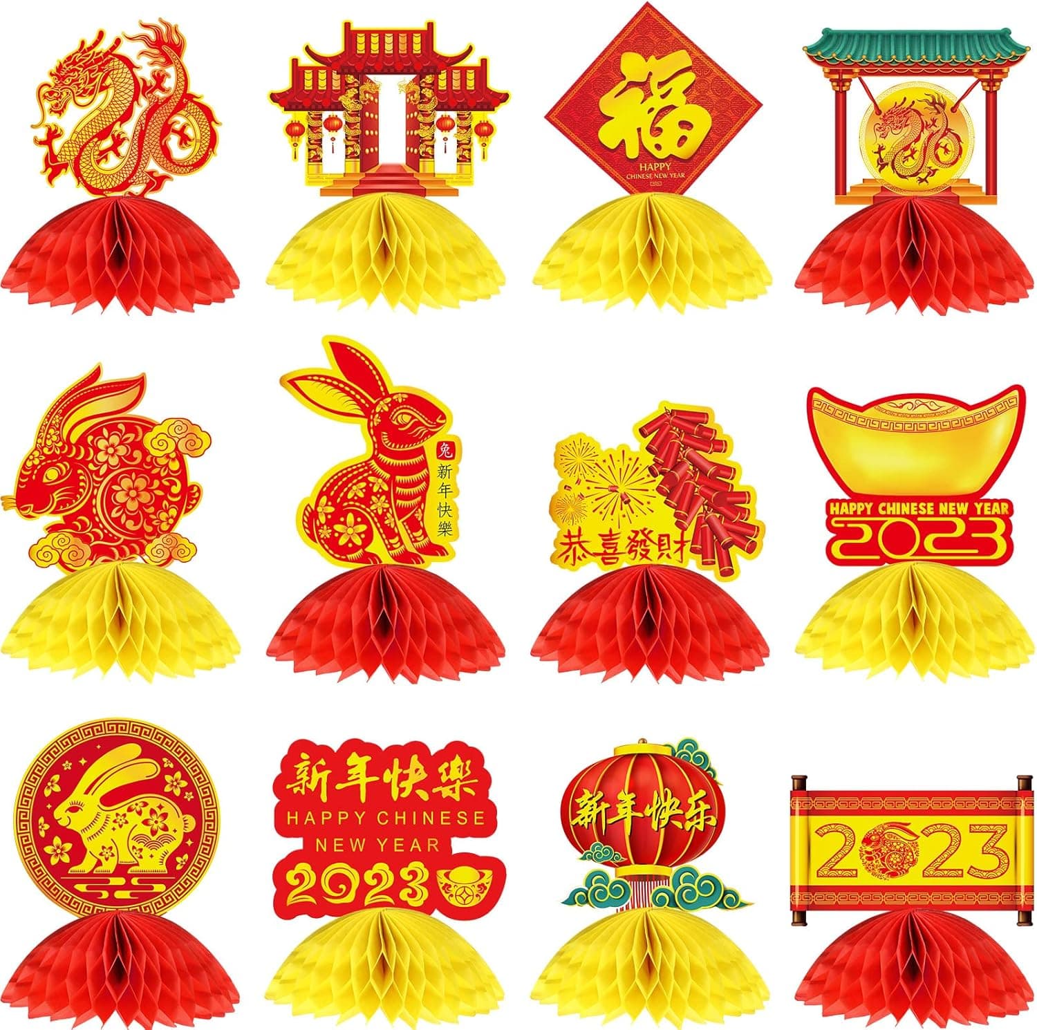 12 Pcs Chinese New Year Party Decorations Year of the Rabbit 2023 Chinese New Year Table Decor Asian Gong Centerpiece Asian Architecture Dragon Centerpiece for Chinese Spring Festival Party Supplies