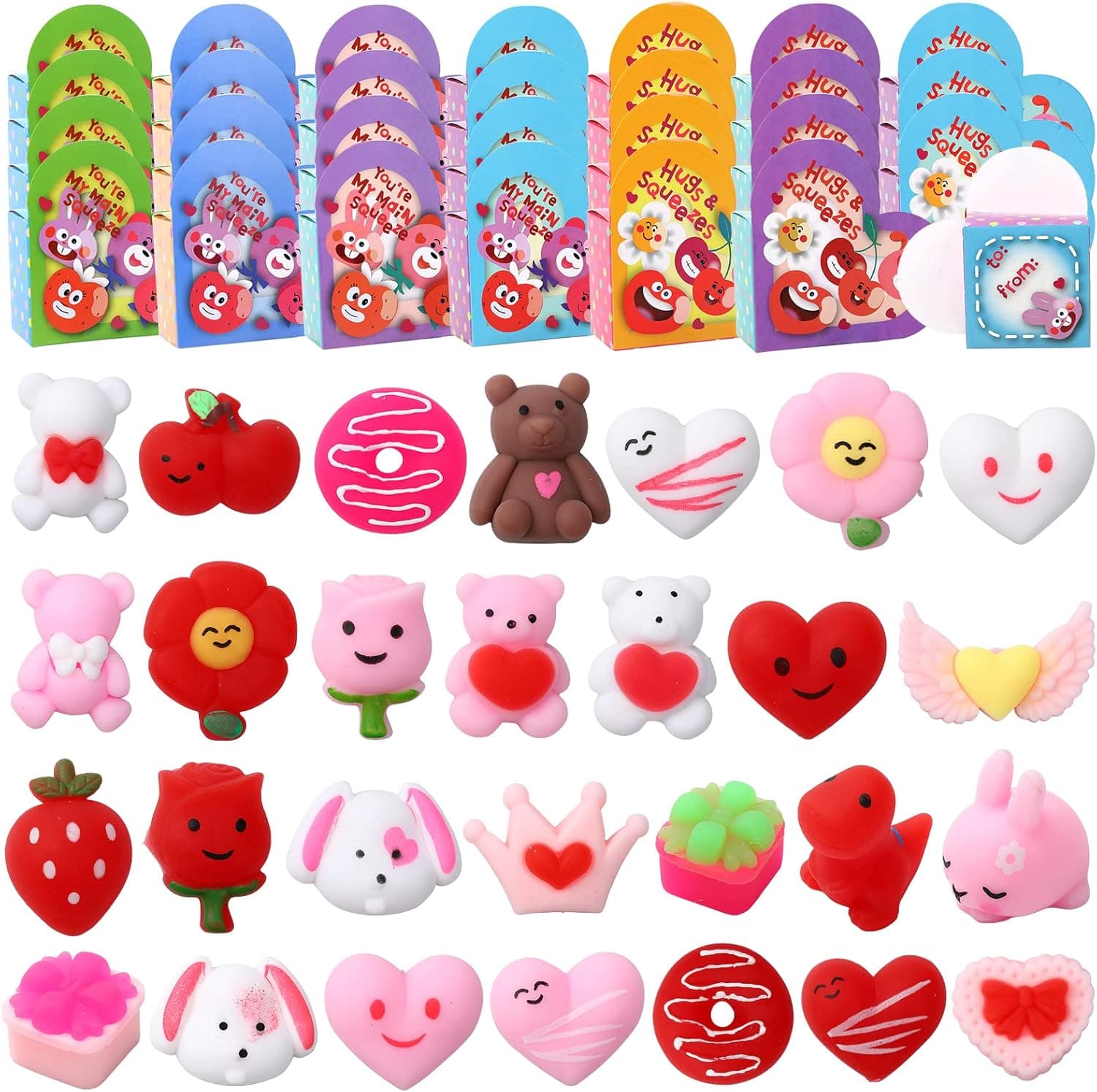 Valentines Day Cards for Kids - 28 Pcs Heart Box Mochi Squishy to Squeeze Toy with Cards Stress Relief Fidget Toy for Kids, Valentine Party Favors for Boys & Girls, Kids Exchange Cards for School Classroom, Ideal Valentine Gifts