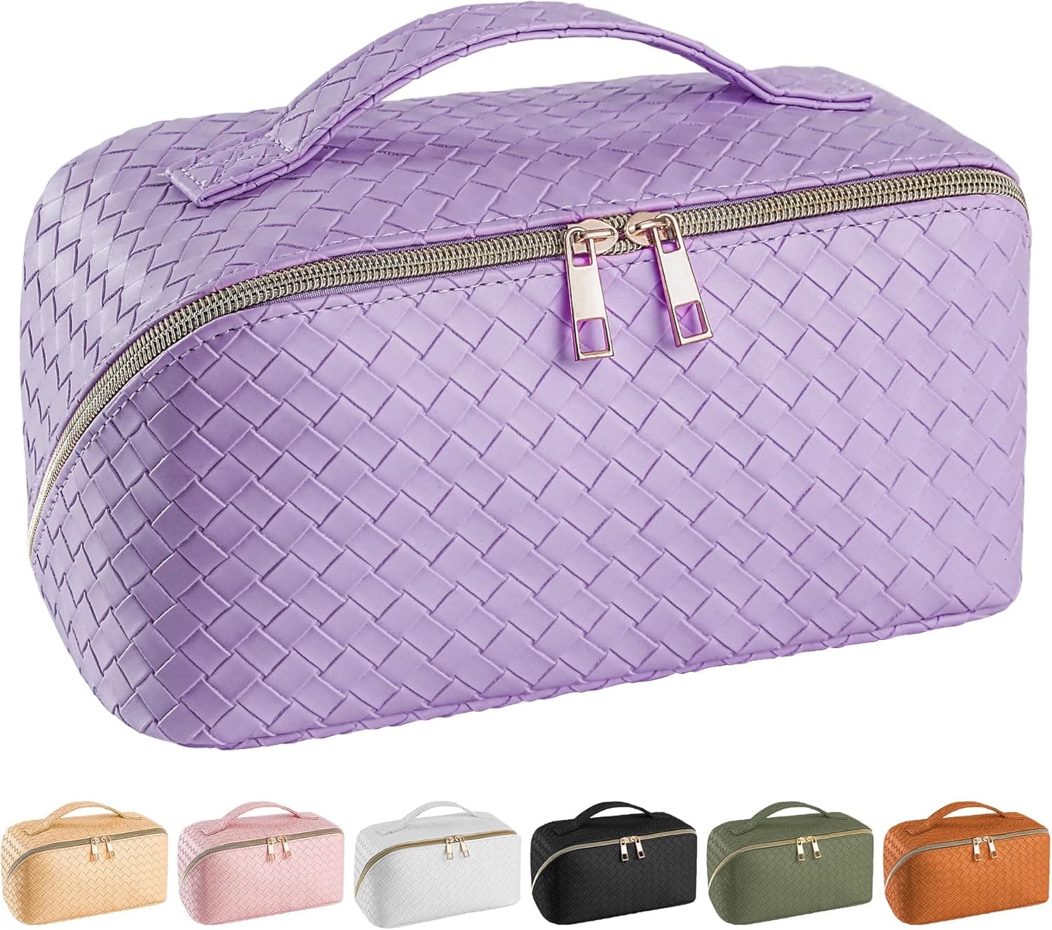 Nhmpretty Large Capacity Travel Cosmetic Bag - Makeup Bag, PU Leather Waterproof Cosmetic Bags, Women Portable Travel Makeup Bag With Handle and Divider Flat Lay make up bag (Purple)