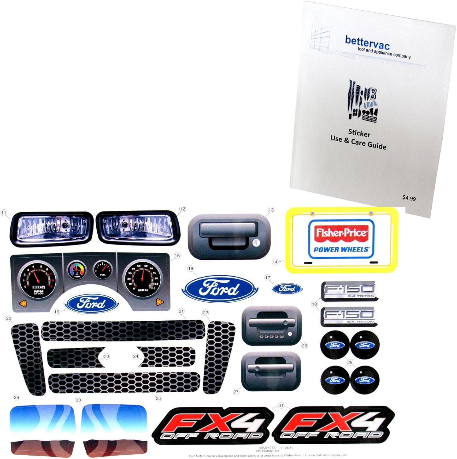 Power Wheels BBM94 Ford F-150 FX4 Decal Sheet #BBM94-0330 Bundled with Use & Care Guide