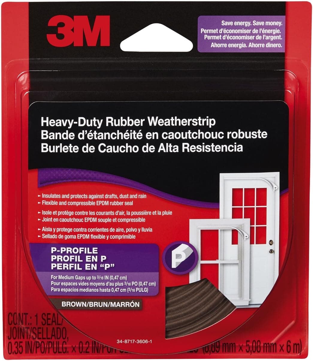 3M RWS-P120 Heavy Duty Rubber Weatherstrip P-Profile, 0.35-Inch x 19.7-Feet, Brown