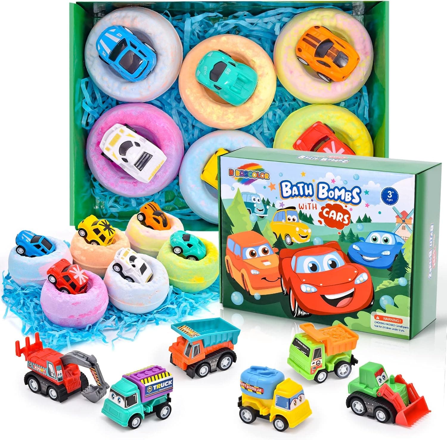 6 Pack Natural Bath Bombs for Kids Pull-Back Cars Organic Rich Foam Color Bubble Set Boys Girls Surprise Toys Christmas Gift for Toddlers