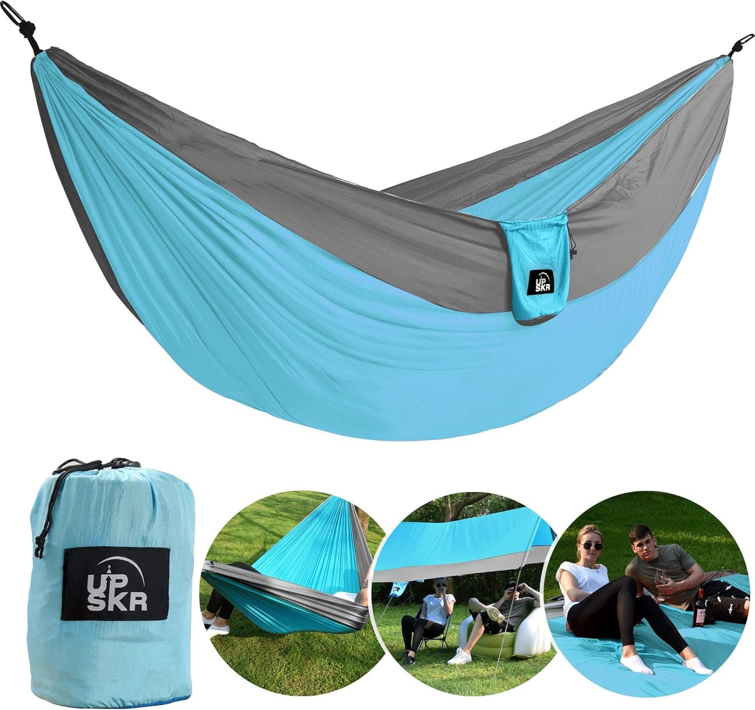 UPSKR Camping Hammock Double & Single Waterproof Lightweight Parachute Heavy-Duty Carabiners with Tree Straps - USA Based Hammocks Brand Gear, Indoor Outdoor Backpacking Survival & Travel, Portable