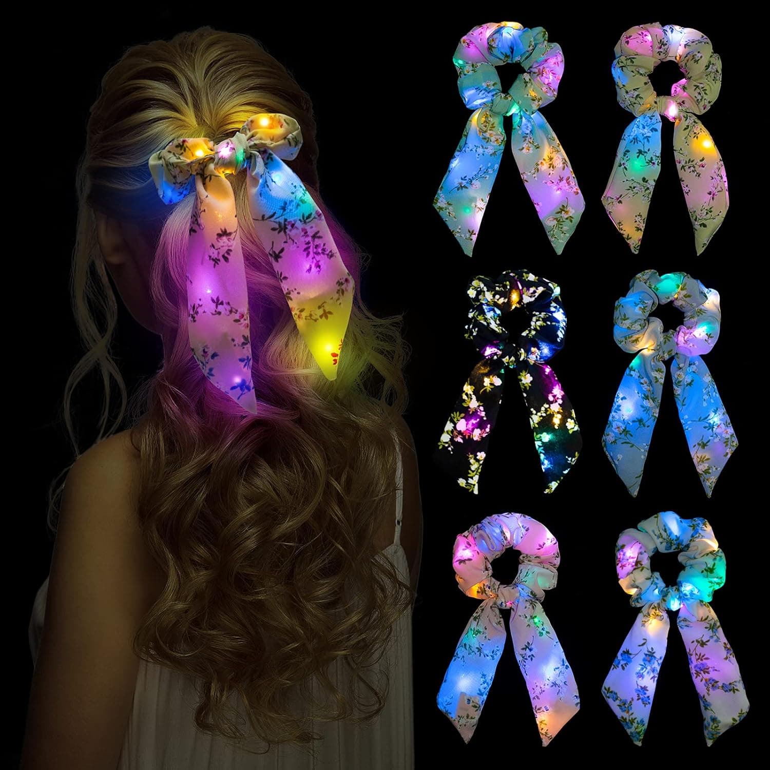 Neon Light Up Bow Scrunchies for Girls, Cute Led Hair Scrunchie Ponytail Holders Scarf Hair Ties Women Rave Accessories Glow in the Dark Party Favors Supplies Birthday Halloween Christmas 6 Pack