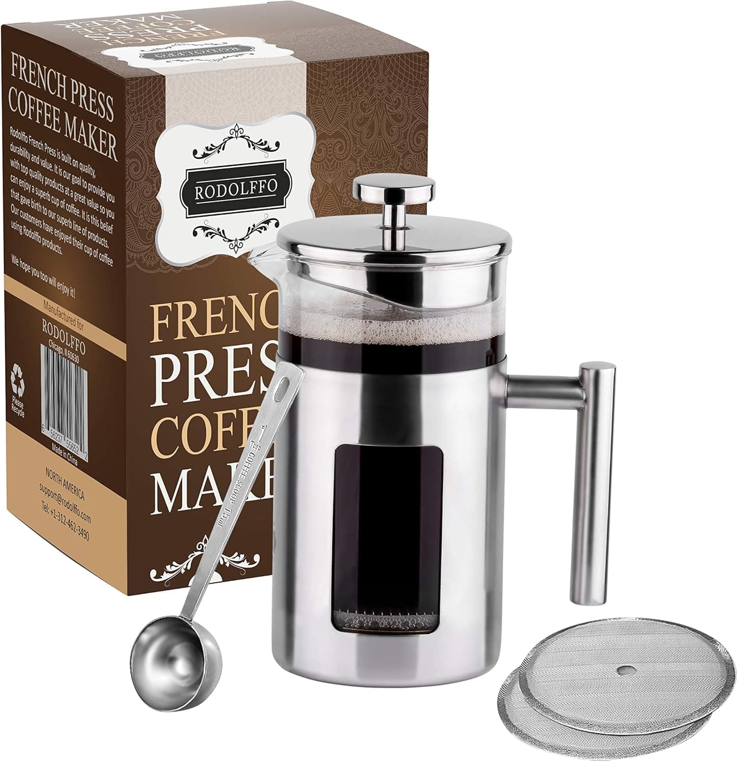 Rodolffo French Press Coffee Maker 34 Ounce with Stainless Steel 18/8 incudes Borosilicate Glass Cup & Stainless Steel Strainer. Creates Exceptional Taste & Purity. Enjoy Perfect Coffee