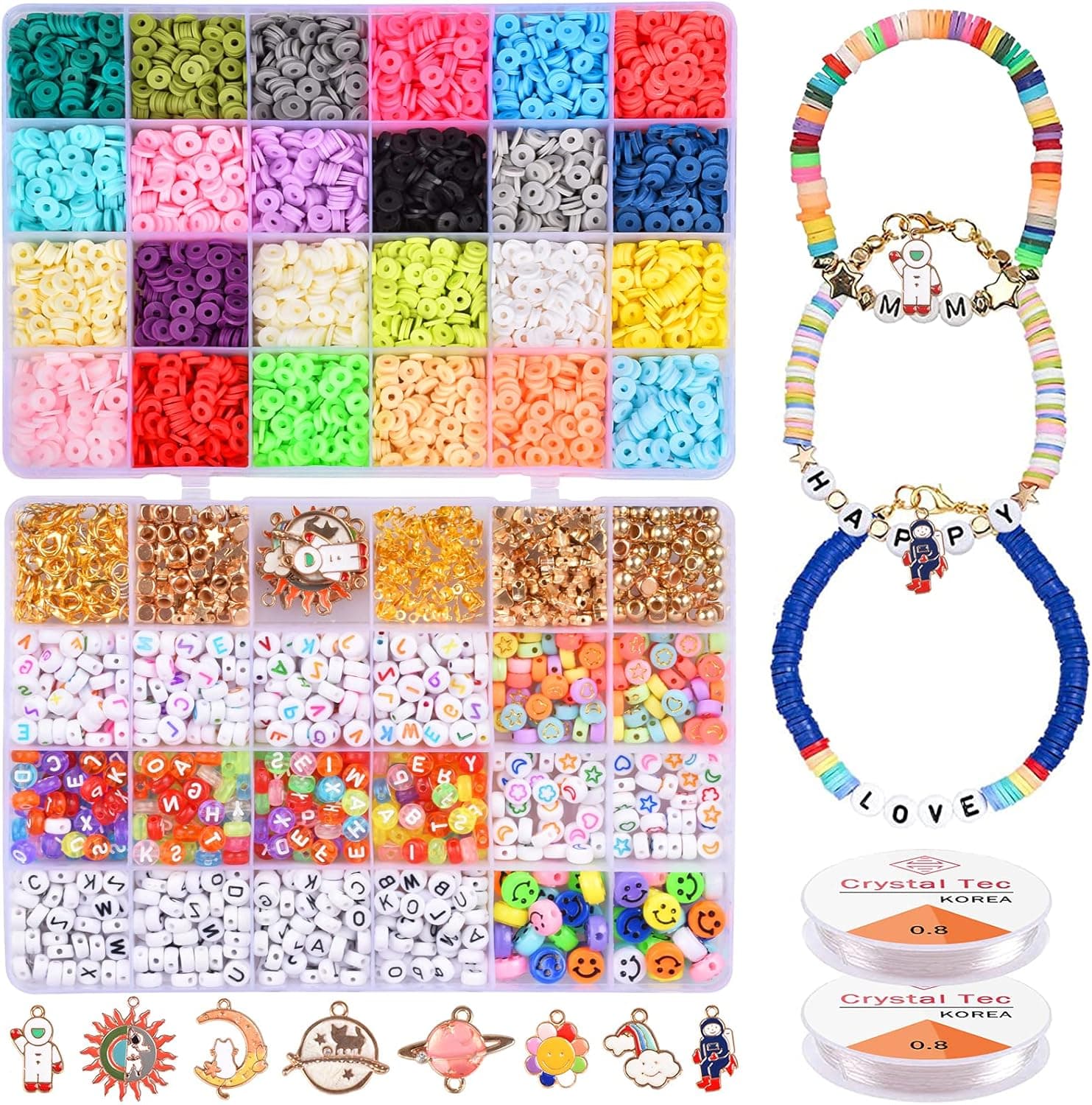 iBealy 7200pcs Clay Beads for Jewelry Making Bracelet Kit, Flat Round Polymer Heishi Clay Beads with Pendant Charms Kit and 20m Elastic Cord DIY Craft Kit for Bracelet Necklace Making