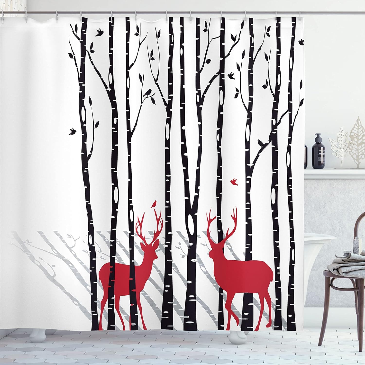 Ambesonne Antlers Shower Curtain, Deer Tree Forest with Red Holiday Theme Flying Leaves Branch Reindeer, Cloth Fabric Bathroom Decor Set with Hooks, 69" W x 84" L, White Red