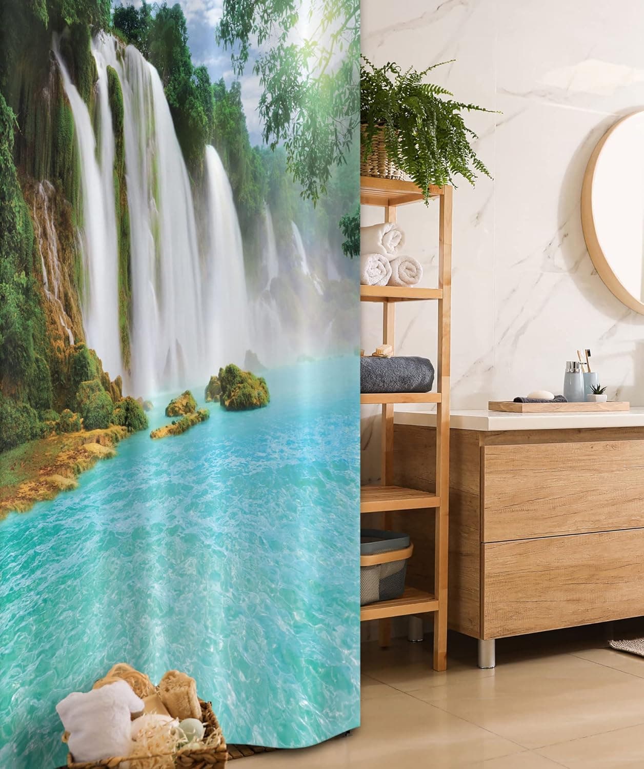 Ambesonne Waterfall Stall Shower Curtain, Ban Gioc-Detian Cascade in The Forest Tropical Waterscape Clear Pool, Fabric Bathroom Decor Set with Hooks, 36" W x 72" L, Turquoise Green White