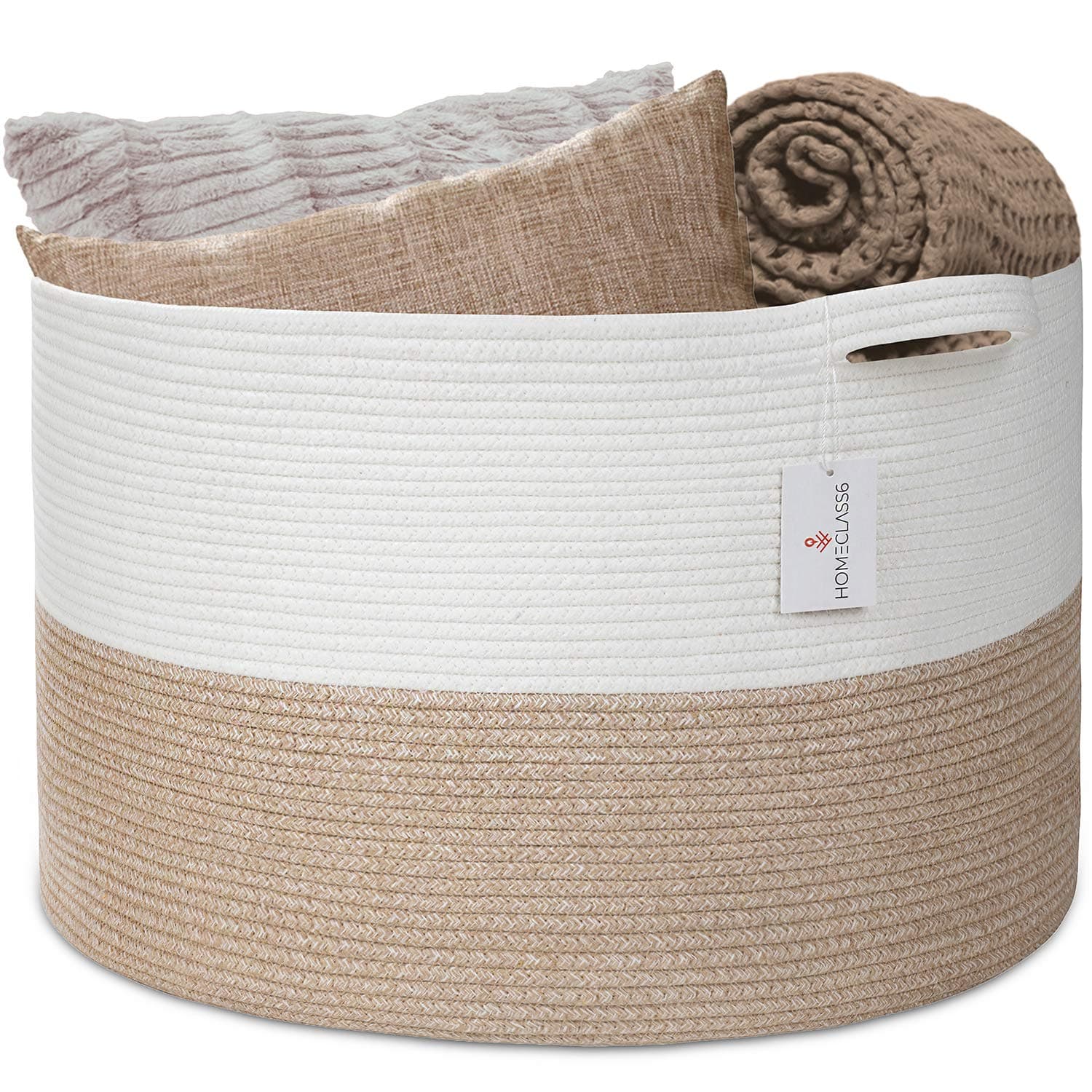 HOMECLASS6 XXXL Blanket Basket Living Room - 22 x 22 x 14 inch Cotton Rope Basket. Woven Storage Basket for Throws, Toys, Blankets, and Pillows. Round Basket with Handles. Tan/White.