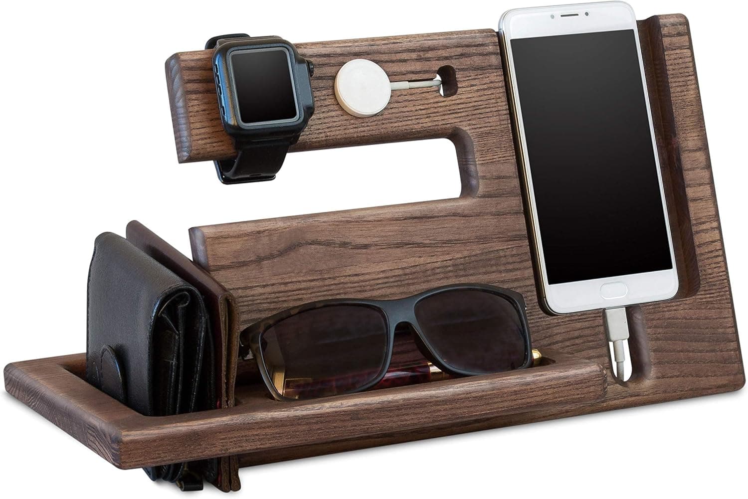 Wood Phone Docking Station, Oak Desk Organizer, Tablet Holder, Key, Coin, Wallet, Watch Stand, Handmade Men Graduation Gift, Husband Anniversary, Dad Birthday Idea, Nightstand for Him, Travel