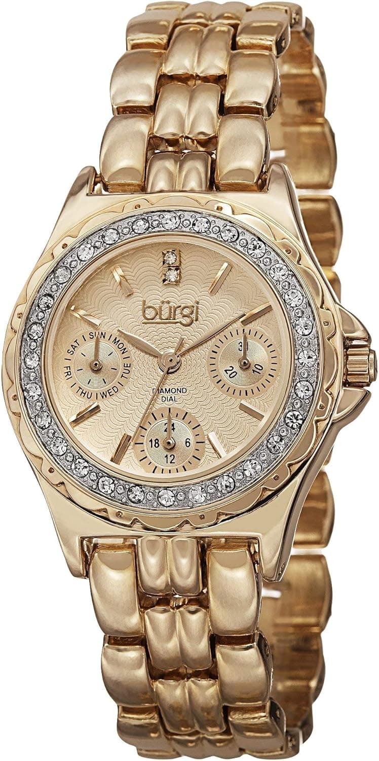 Burgi Women's Diamond & Crystal Multifunction Watch - 3 Small Subdials for Day Date and GMT On Guilloche Dial On Stainless Steel Bracelet - BUR117