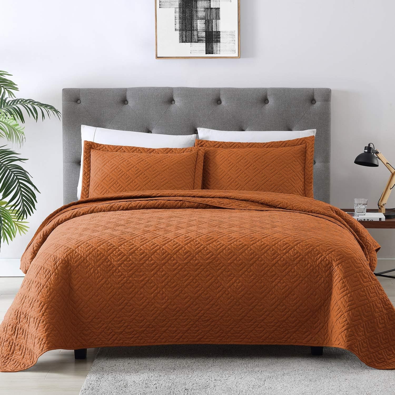 EXQ Home Quilt Set Twin Size Umber 2 Piece,Lightweight Soft Coverlet Modern Style Squares Pattern Bedspread Set(1 Quilt,1 Pillow Sham)