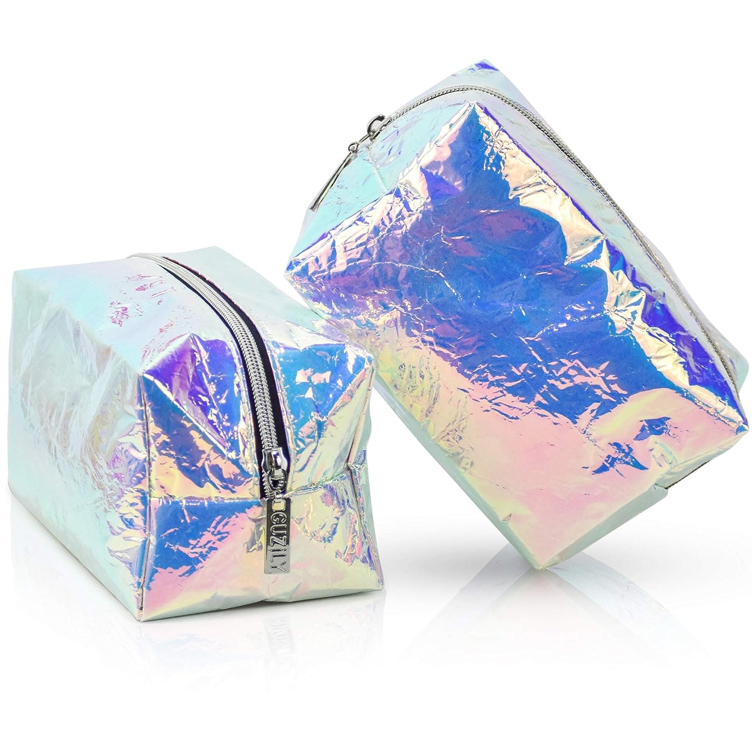 Guzily Holographic Makeup Bag, Cosmetic Bag, Toiletry Bag, Travel Pouch, Pencil Case, with Iridescence Rainbow Crush Metallic Designer TPU Fabric, Organizer, Unisex, Premium 2 Bag Gift Set, Large