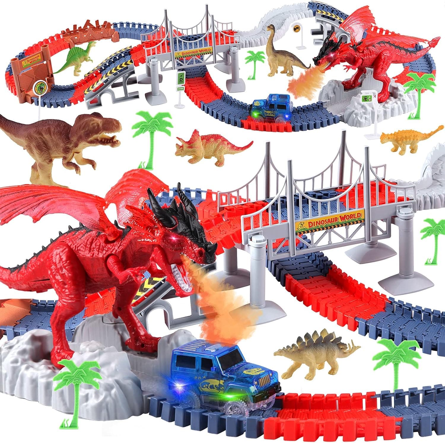 MISAKTEAM Dinosaur Race Track Toy Set, 202 Pcs Create A Dinosaur World Road Race, Flexible Train Tracks Playset with 7 Dino, 1 Race Car Toys, Dinosaur Gifts for Boys Girls Kids Toddlers Birthday