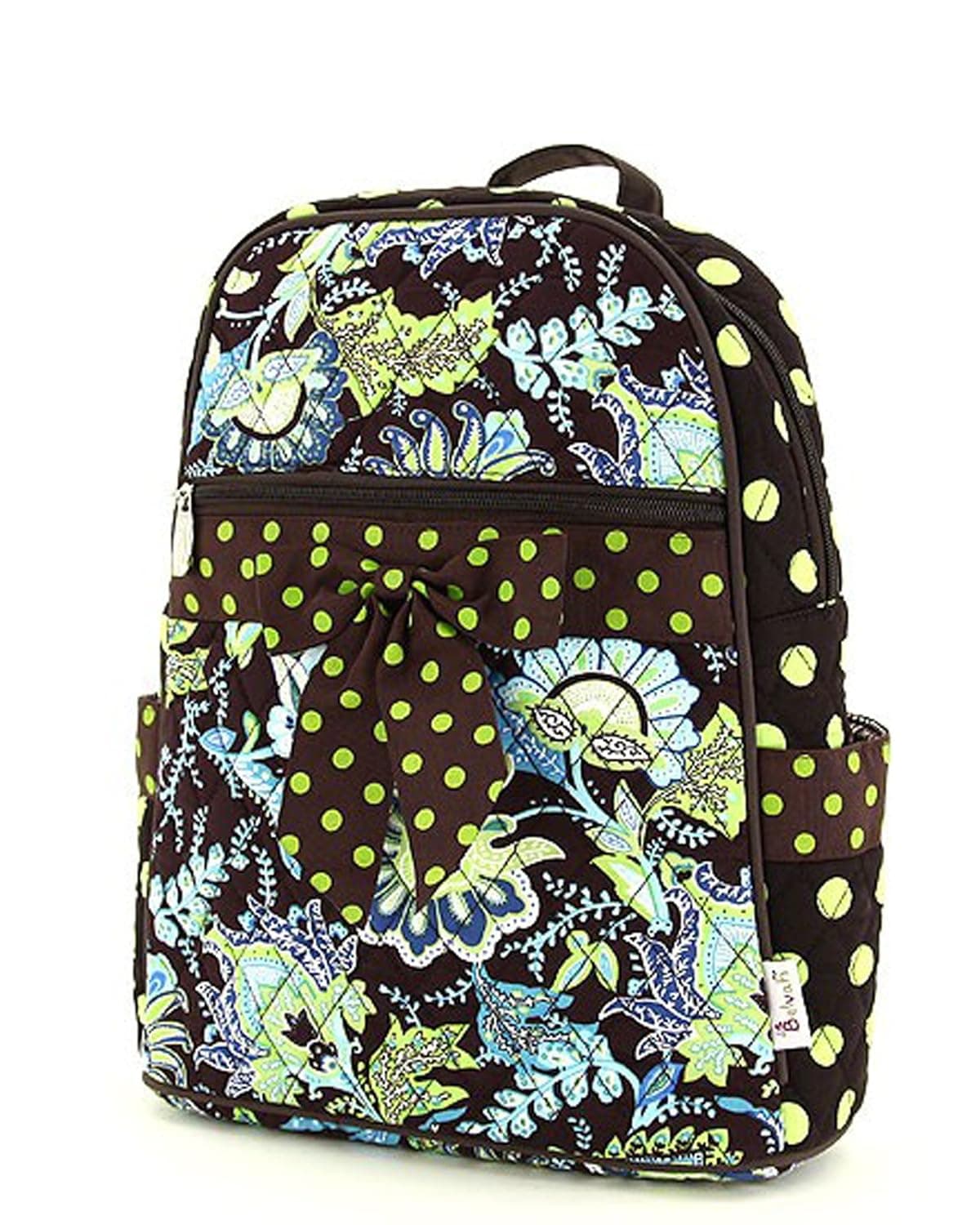 Belvah Brown and Lime Quilted Floral Medium Backpack