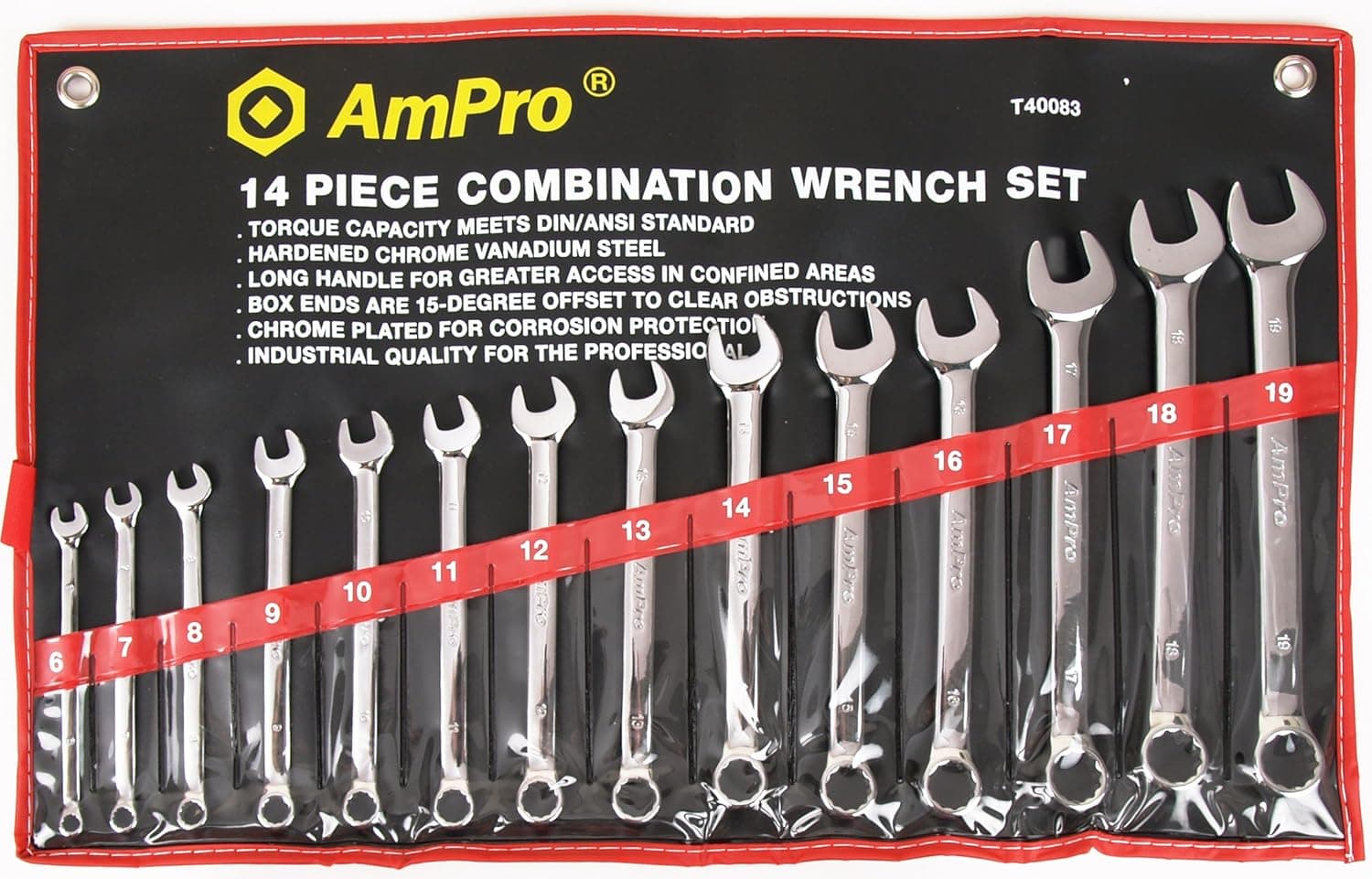 AMPRO T40083 14 Piece Combination Wrench Set Metric 6 to 19-Millimeter
