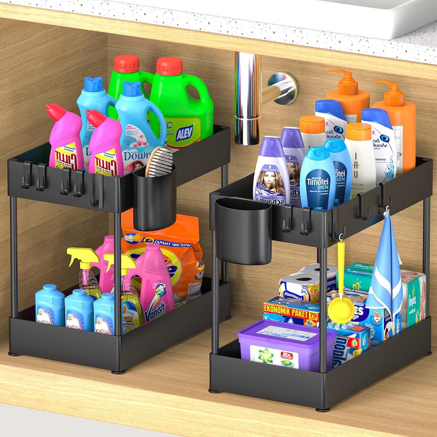 2 Pack Under Sink Organizers and Storage Kitchen Bathroom Organizer Countertop Multi-purpose Under Cabinet Organizer Under Sink Shelf Organizer 2 Tiers Under Sink Storage Rack with Hanging Cup Hooks