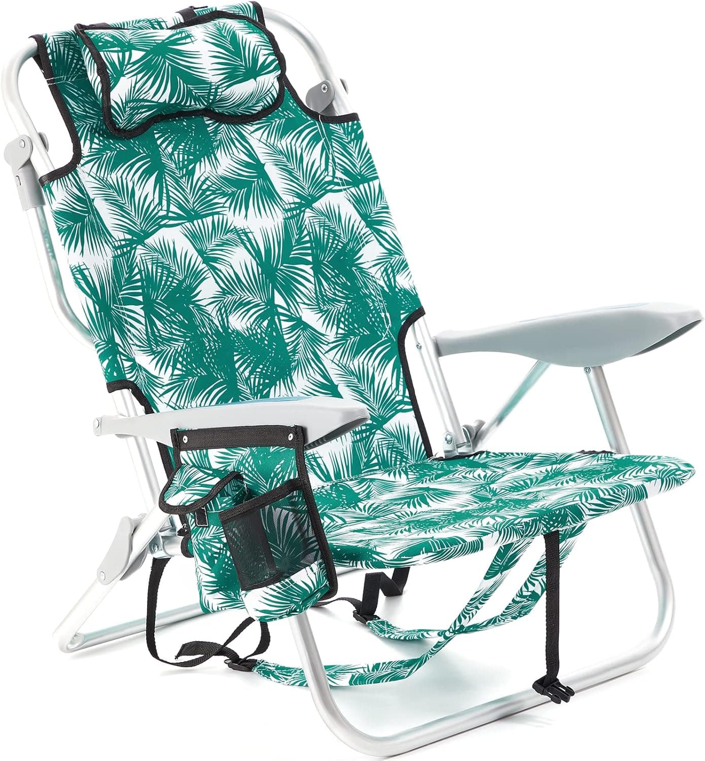 Canpsky Portable Camping Backpack Beach Chair for Adults Folding Beach Chair with 4 Positions for Sand Party Lightweight Lay Flat Beach Chairs with Headrest, Green Leaves