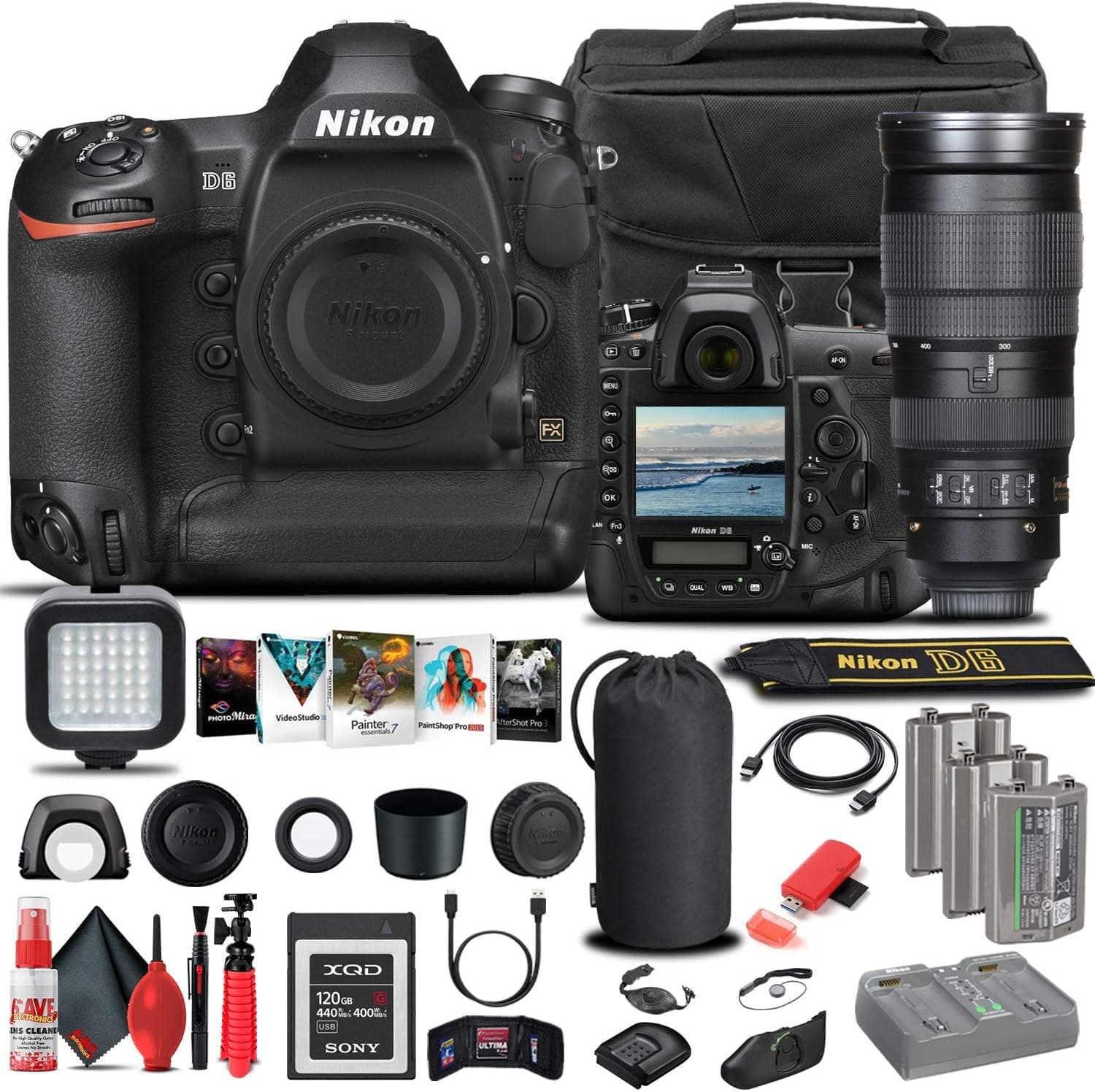 Nikon D6 DSLR Camera (Body Only) (1624) + Nikon 200-500mm Lens + 120GB XQD Card + 2 x EN-EL18C Battery + Case + Corel Photo Software + LED Light + HDMI Cable + More (International Model) (Renewed)