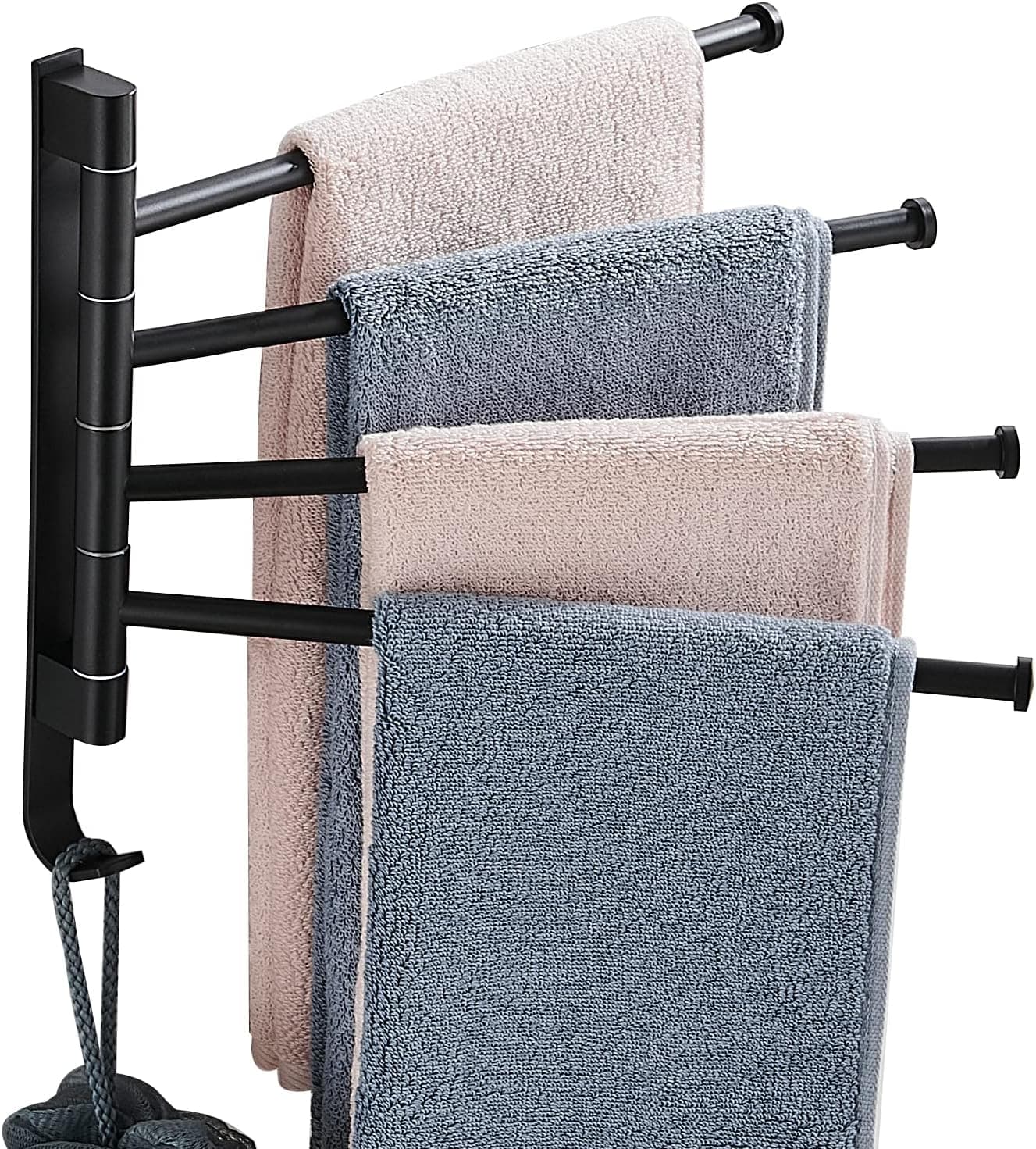 FWSYHGL Towel Rack Swing Out Towel bar 4-Arm Space Aluminum Bathroom Hand Towel Rack with Hooks Folding Swing Hanger Wall Mounted Perforation-Free Installation Matte Black, MJG4