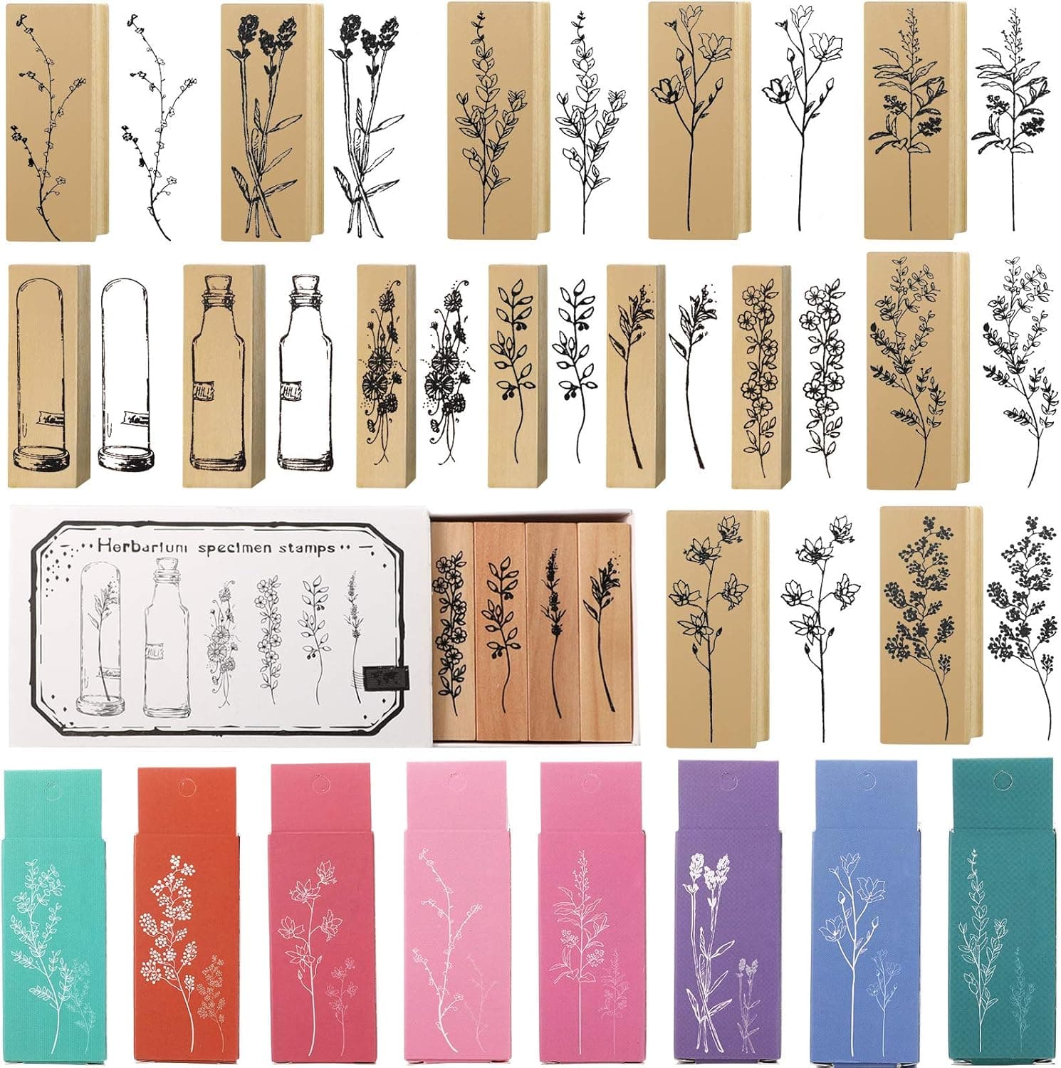 15 Pieces Wooden Rubber Stamp Vintage Wooden Stamps Plant and Flower Decorative Vintage Mounted Rubber Stamp Set for DIY Craft, Card Making, Letters Diary, Craft Scrapbook Painting (Vivid Style)