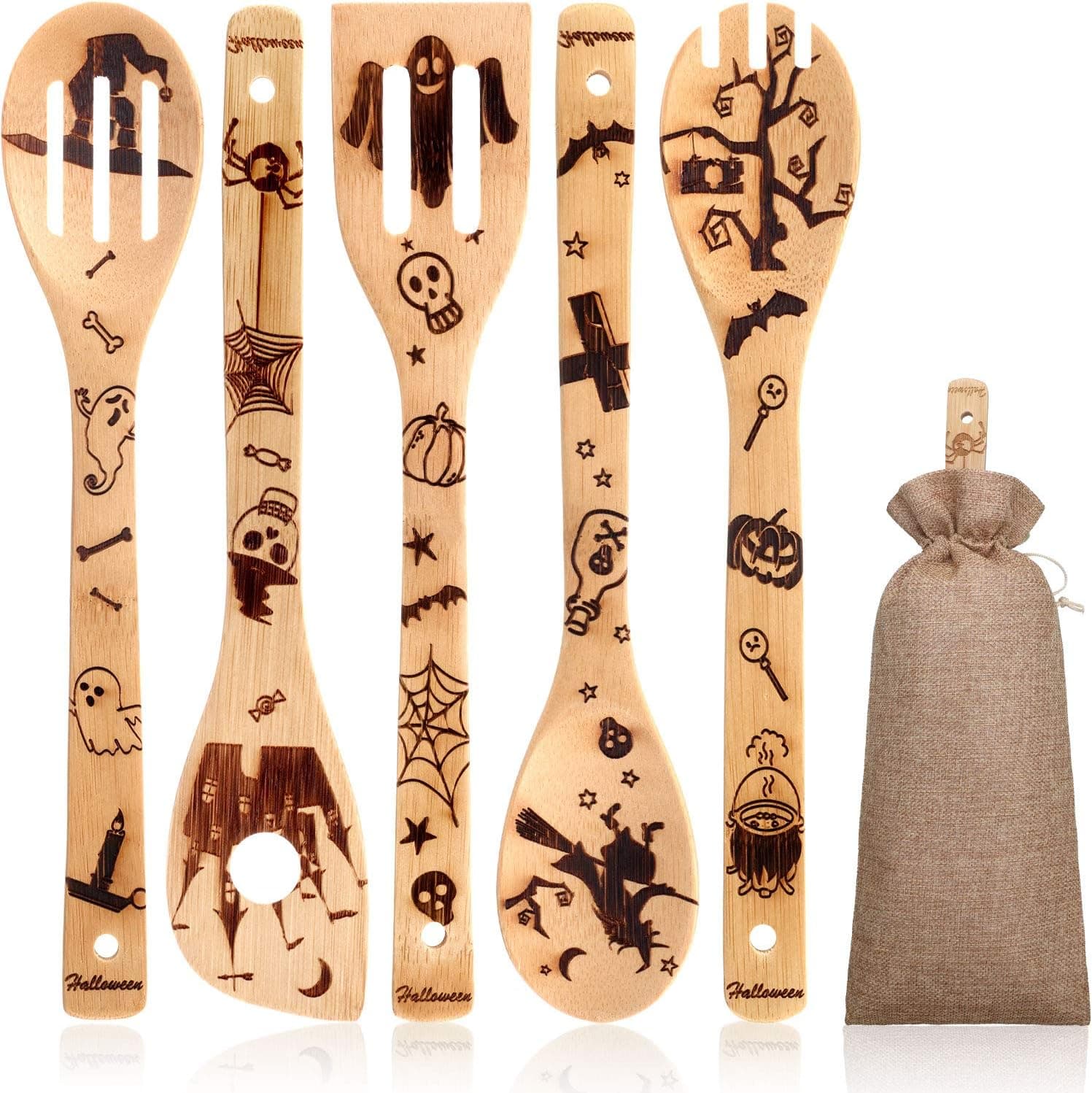 6 Pieces Halloween Wooden Spoons and Spatula Set Burned Bamboo Spoon Slotted Spoon Serving Utensil with Storage Bag for Halloween Cooking Serving Decoration Present