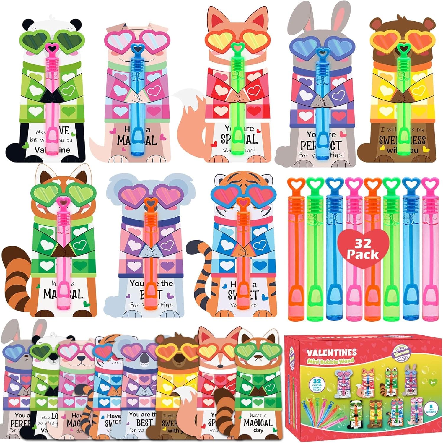 SURCVIO Valentines Day Gifts for Kids, 32 Pack Mini Bubble Wands with Valentines Animal Themes Greeting Cards for Kids, Valentine's Day School Prize Party Favor, Classroom Exchange Gift Set