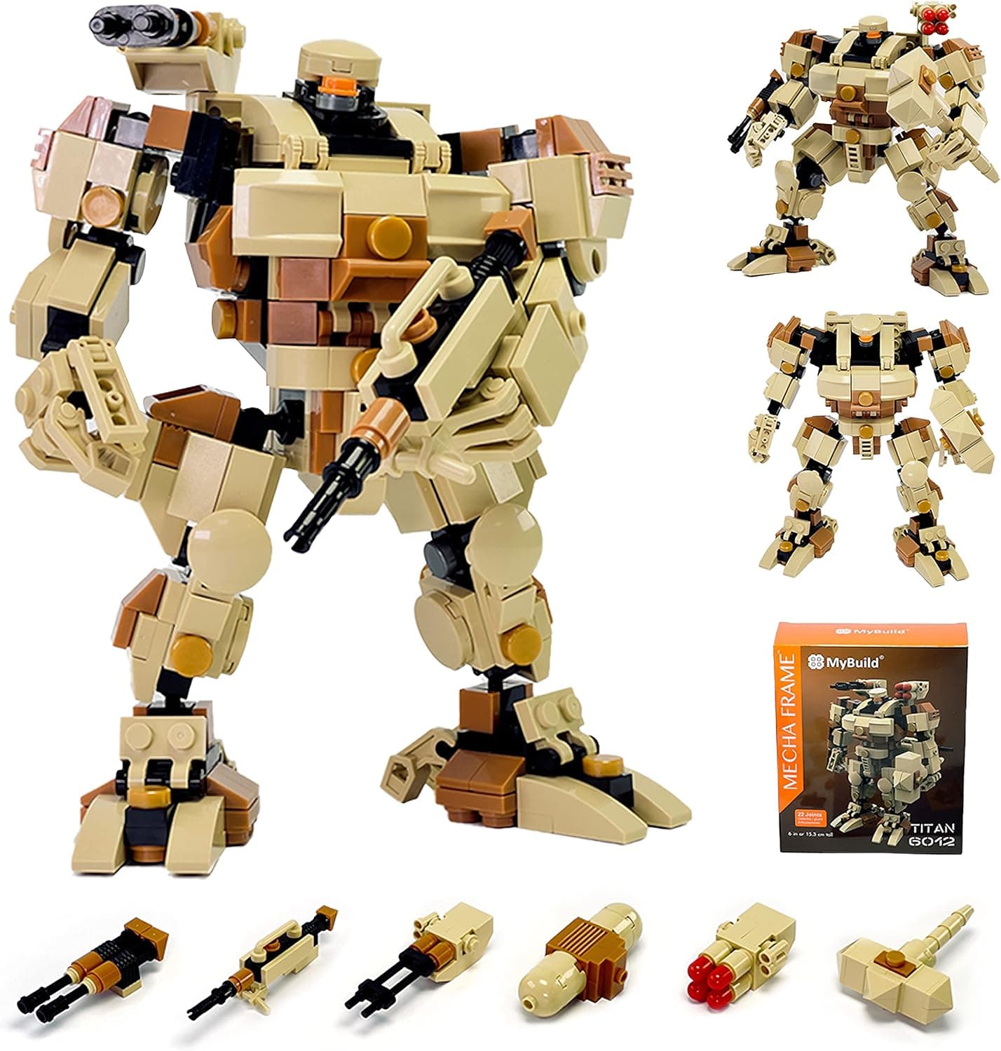 MyBuild Mecha Frame Titan – 6 Inches Building Block Mecha, Easy Build Robot Mech with 5 Weapons, Adjustable Action Poses, Compatible with All Construction Building Bricks, for Mecha Fans
