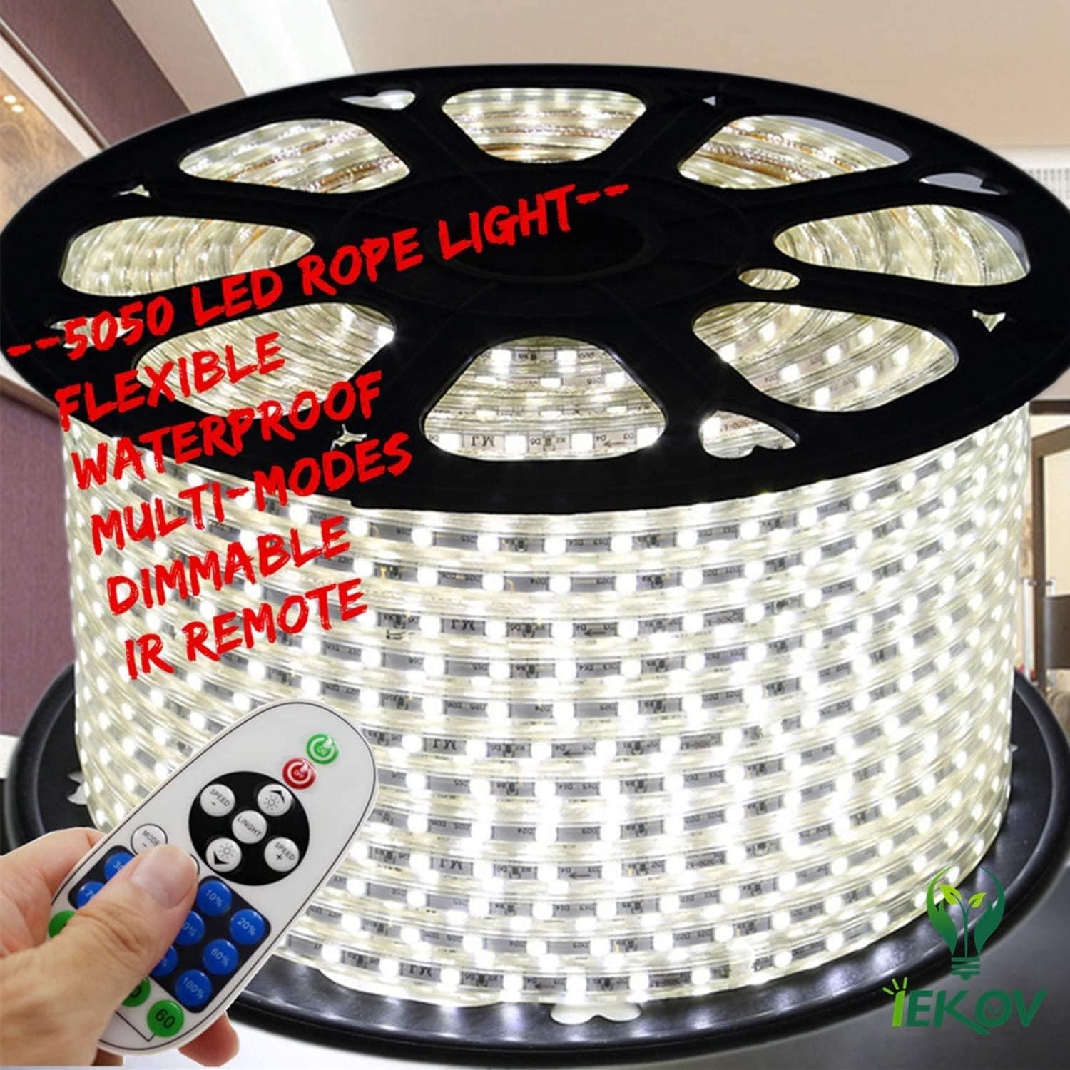 White Color LED Strip Light, IEKOV™ AC 110-120V Flexible/Waterproof/Multi-Modes Function/Dimmable SMD5050 LED Rope Light with Remote for Home/Office/Building Decoration (98.4ft/30m)