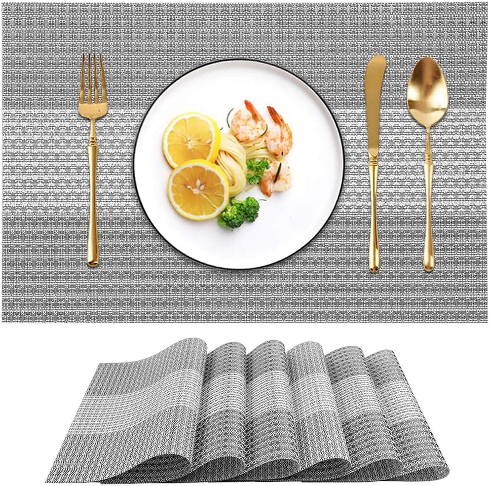 LINSBO Gray Placemats Set of 6 for Dining Table,Washable Woven Vinyl Placemat Non-Slip Heat Resistant Kitchen Table Mats Wipe Clean