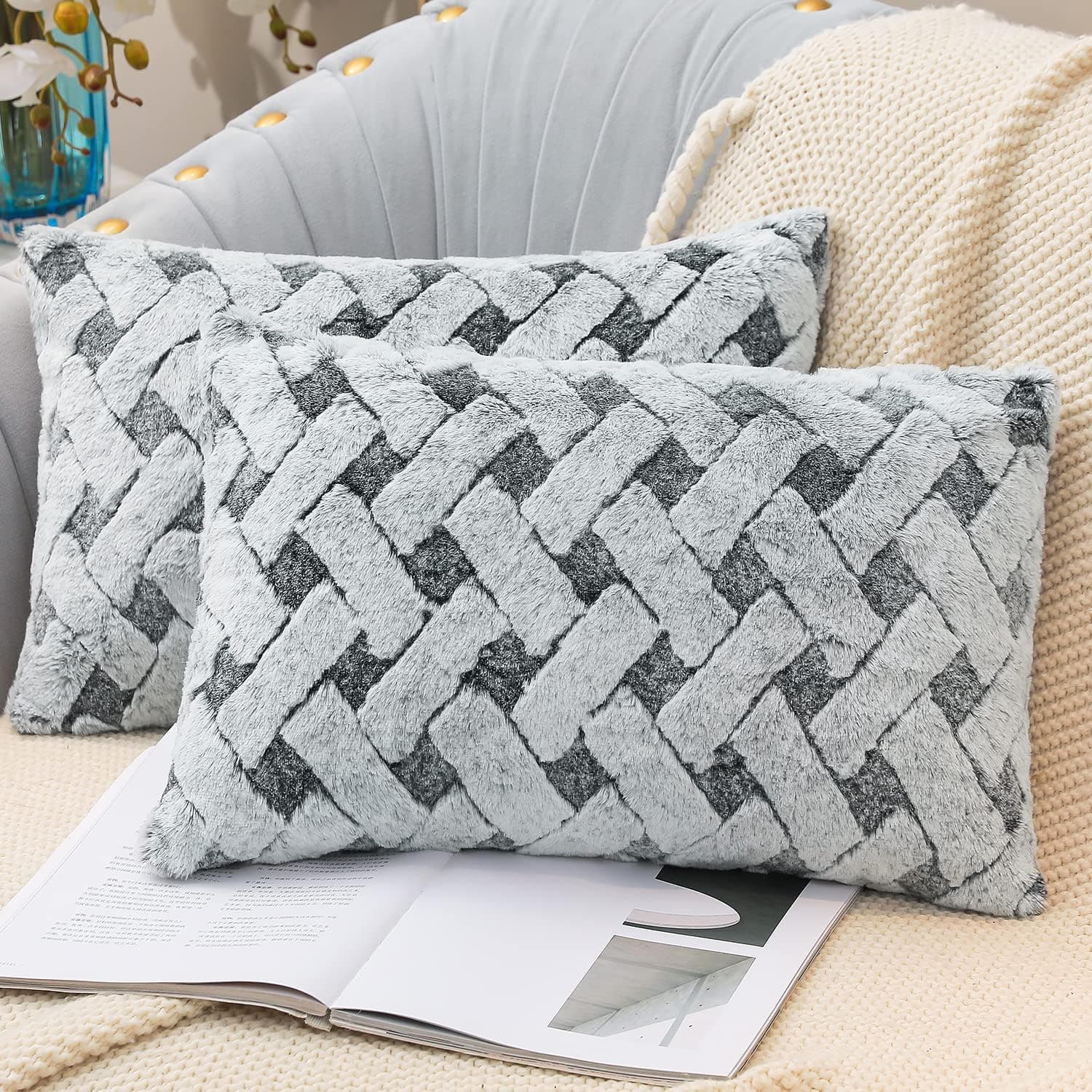 Skrwadi Pack of 2 Throw Pillow Covers,Luxury Velvet Soft Pillowcovers Texture Cushion Case for Sofa Bedroom 12x20 Inch Dark Grey