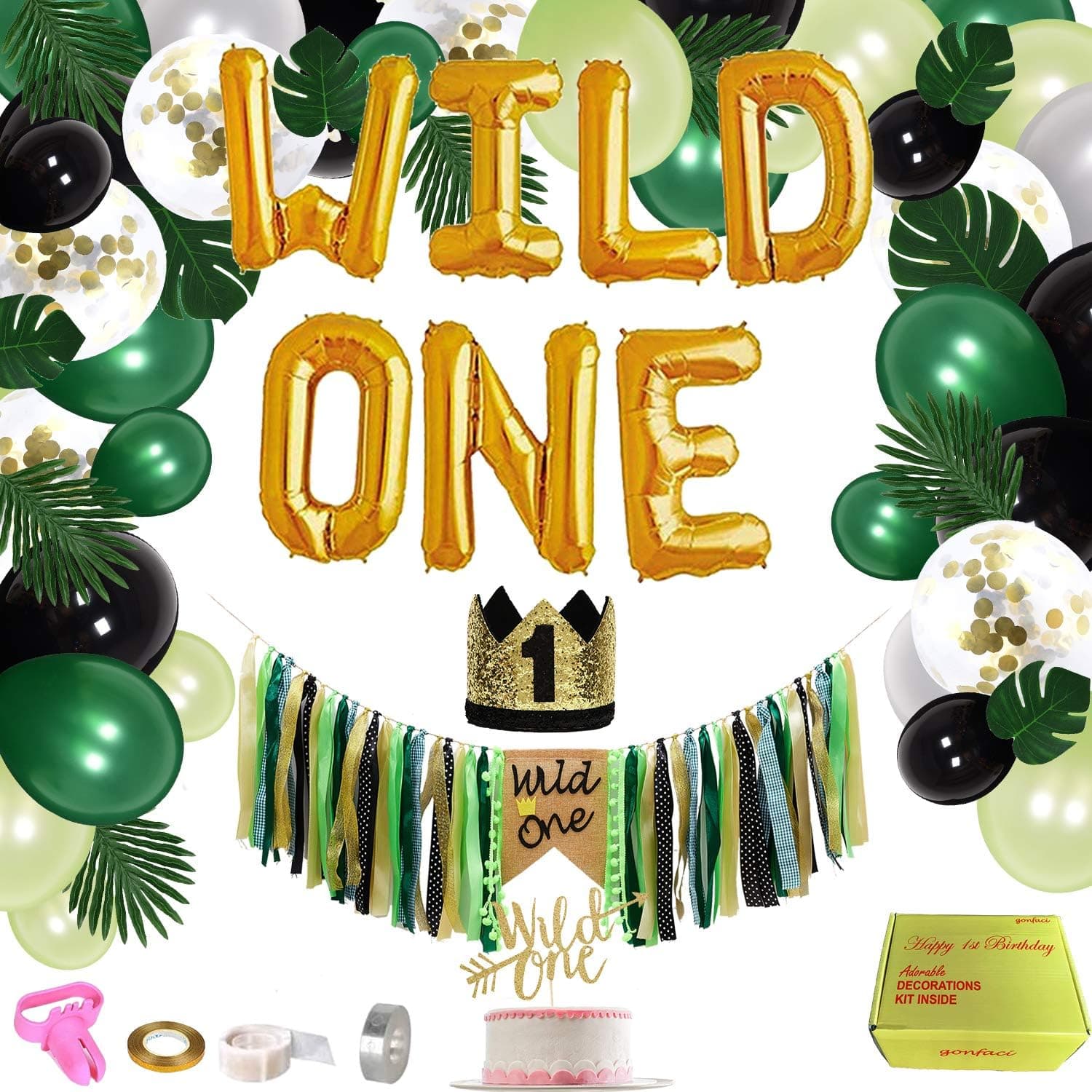 Jungle Theme First Birthday Decorations Kit, Baby 1st Birthday Forest Party Supplies, Wild One Photo Props, Includes Balloons, Leaves, High Chair Banner, Little Crown, Cake Topper, for Boys and Girls