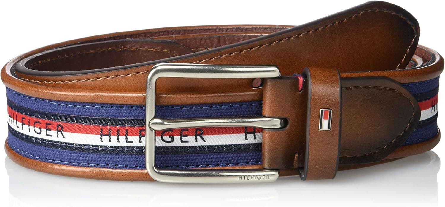 Tommy Hilfiger Men's Ribbon Inlay Belt - Fabric Belt with Single Prong Buckle