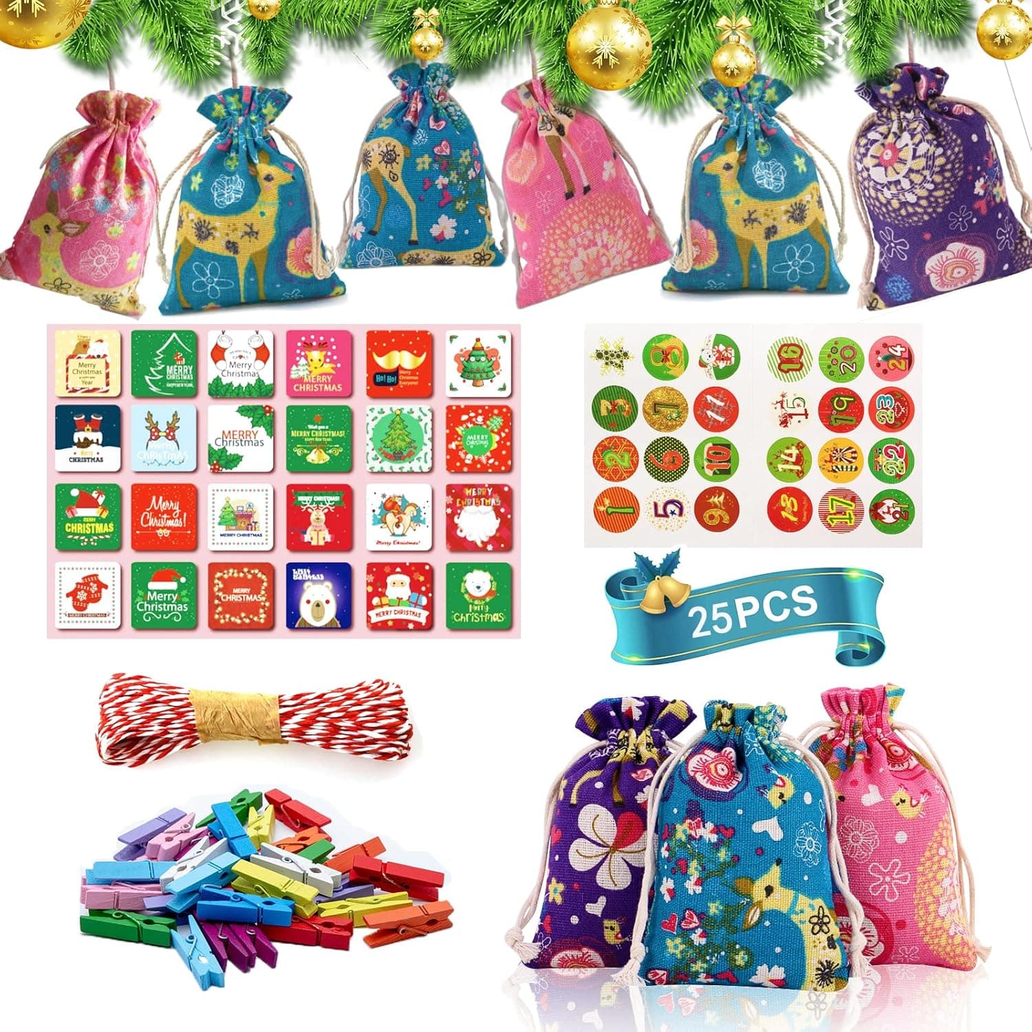 【24 Christmas Cards】Advent Calendar Hanging Pockets, Advent Calendar Bags to Fill, DIY Small Gifts for Kids, Men and Women, Christmas Tree Decorations at Home